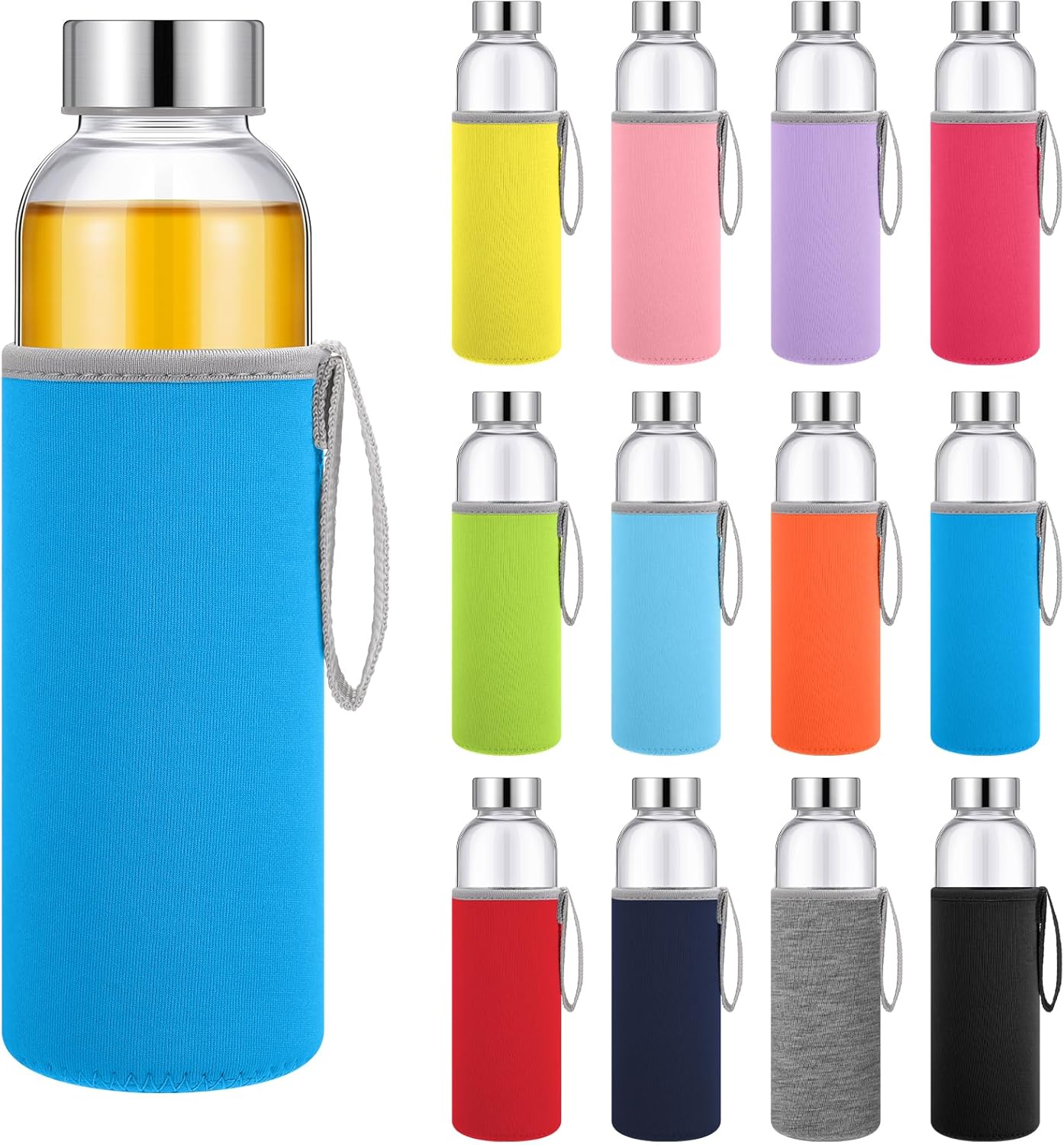 Vesici 12 Set 18 oz Clear Glass Water Bottles, Reusable Glass Juicing Bottles with Protection Sleeve and Stainless Steel Leak Proof Lids for Milk Smoothie Juice Beverage Tea (Colorful,Classic)