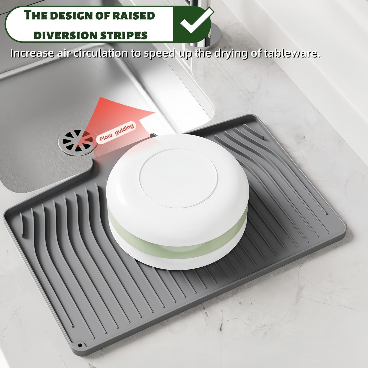 CIEO Silicone Dish Drying Mat for Kitchen Counter, Slope Fast Self-Draining, Non-Slip Drain Pad, Easy Clean Countertop Protection Mat, Multiple Use for Dishes Drying Rack（18.9"x 13.58",Gray）