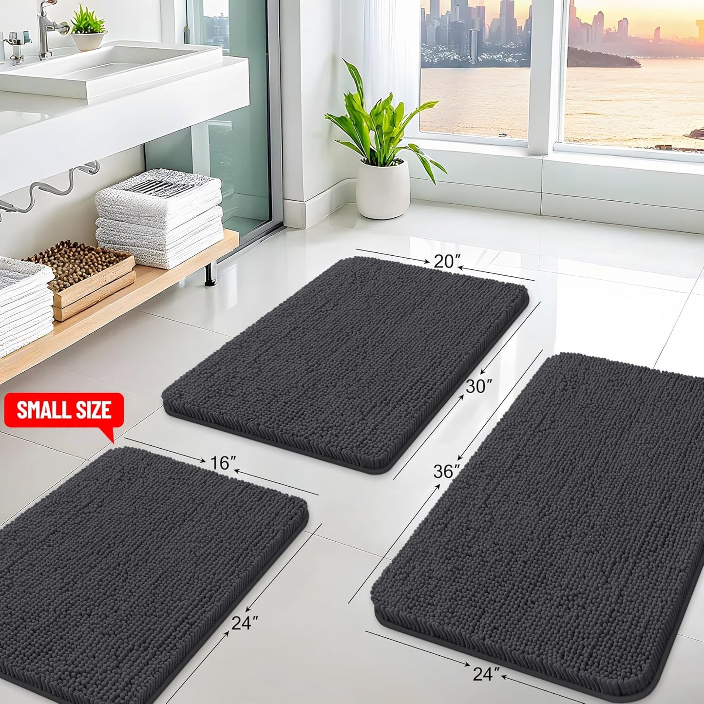 Arotive Bathroom Rugs 24x16, Extra Soft Absorbent Shaggy Chenille Bath Rugs, Machine Washable Rubber Backing Non-Slip Bath Mats for Bathroom Floor Tub and Shower, Home Decor Accessories, Dark Grey