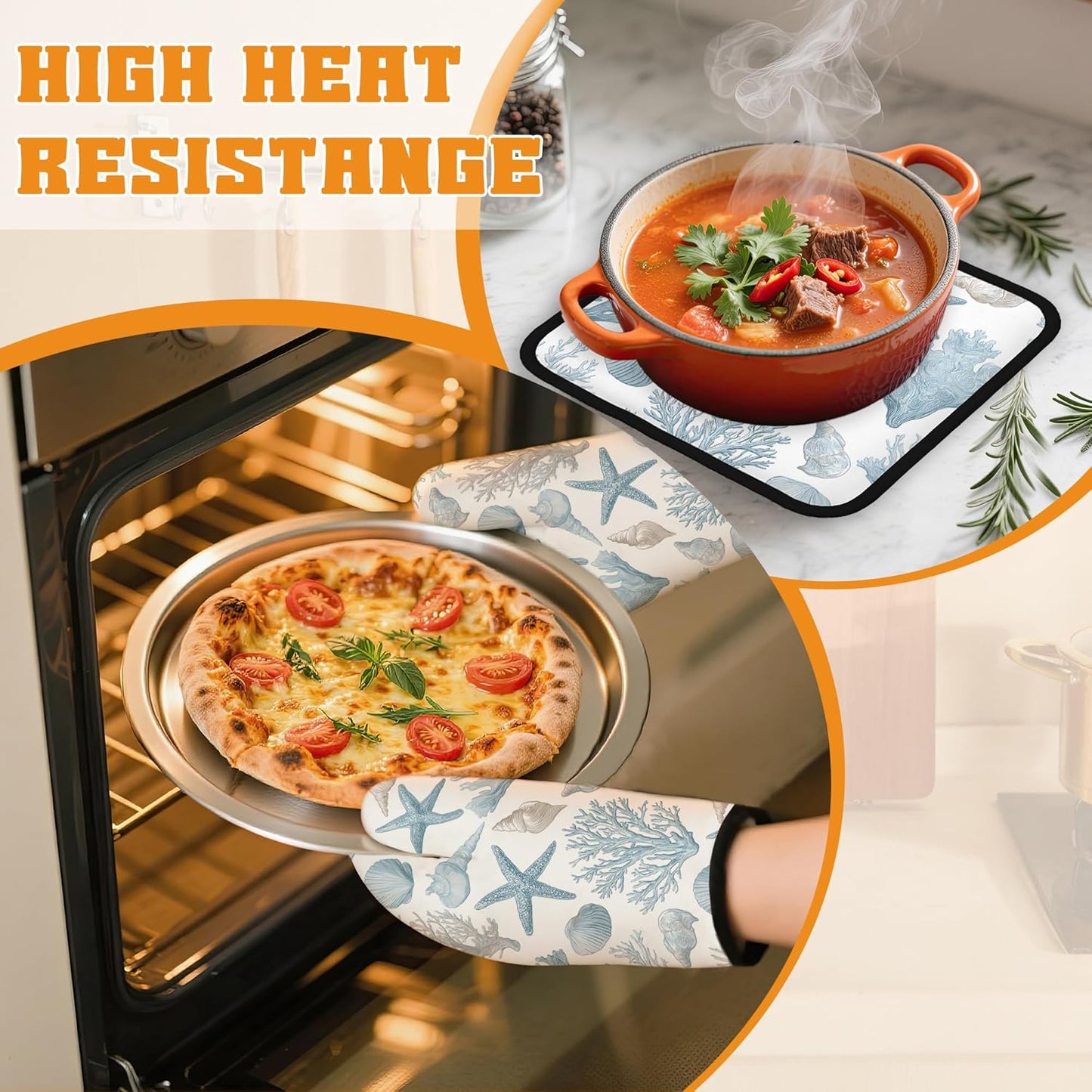 Starfish Oven Mitts and Pot Holders Set,Coral Shell Kitchen Oven Gloves and Pot Holder with Heat Resistant Non Slip for Cooking Baking Grilling(4 Piece Set)