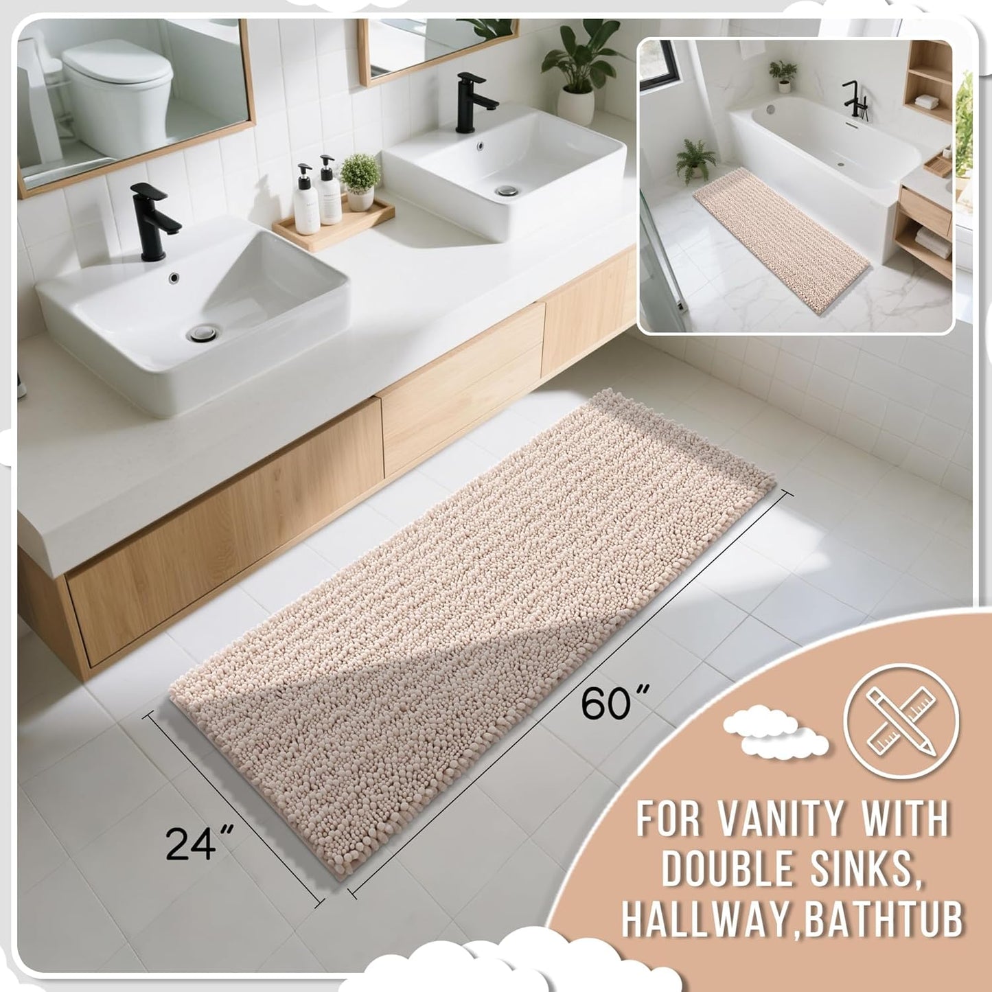 Yimobra Bathroom Runner Rug 60x24 Inch - Extra Long Non Slip Chenille Bath Mat, Soft & Absorbent, Machine Washable Shaggy Hallway Carpet for Vanity Tub Shower, Pinkish Beige Home Decor Accessories