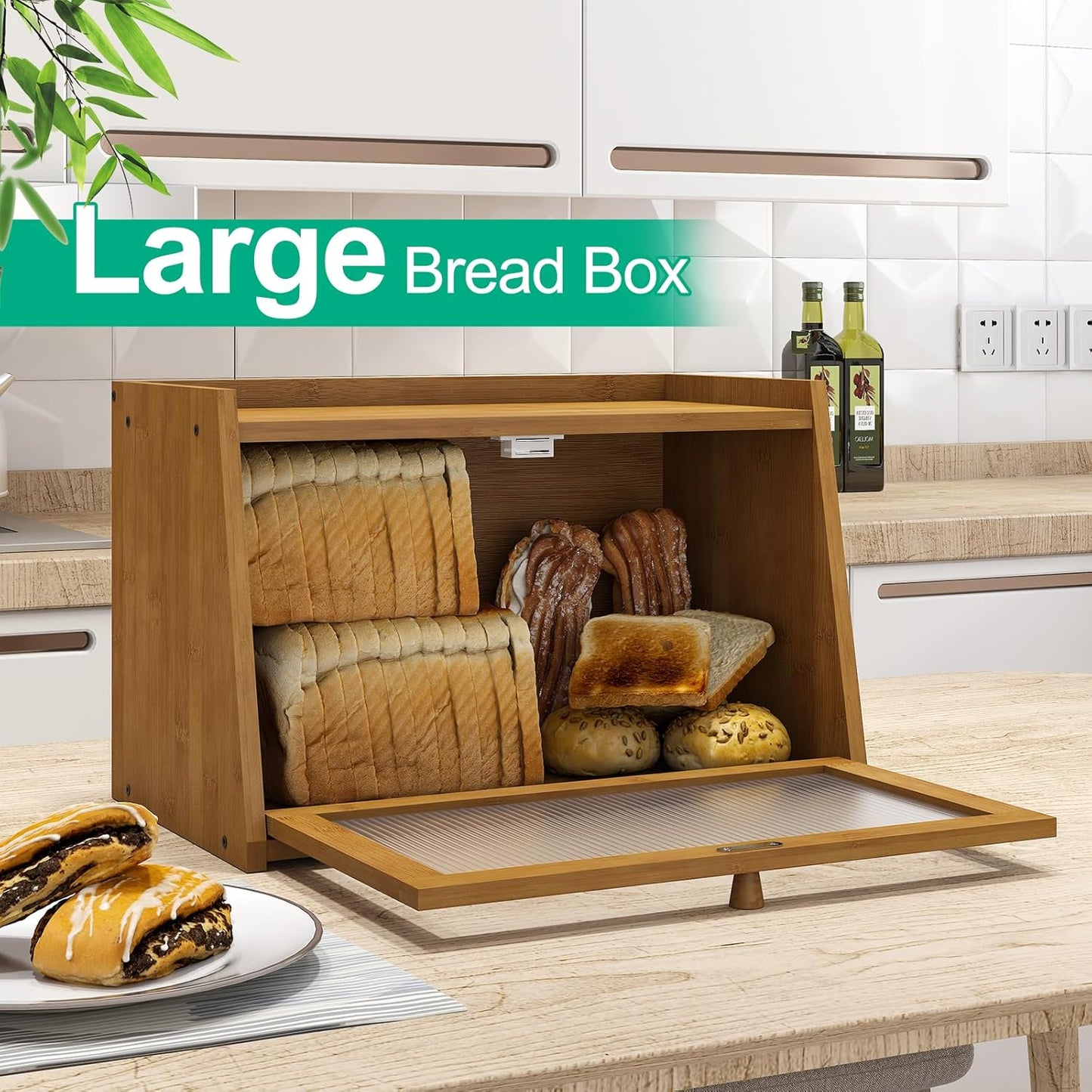 Bread Box for Kitchen Counter, Large Bamboo Bread Storage Container with Wavy Arcylic Door, Bamboo Wooden Farmhouse Bread Box for Your House (Brown, Medium)