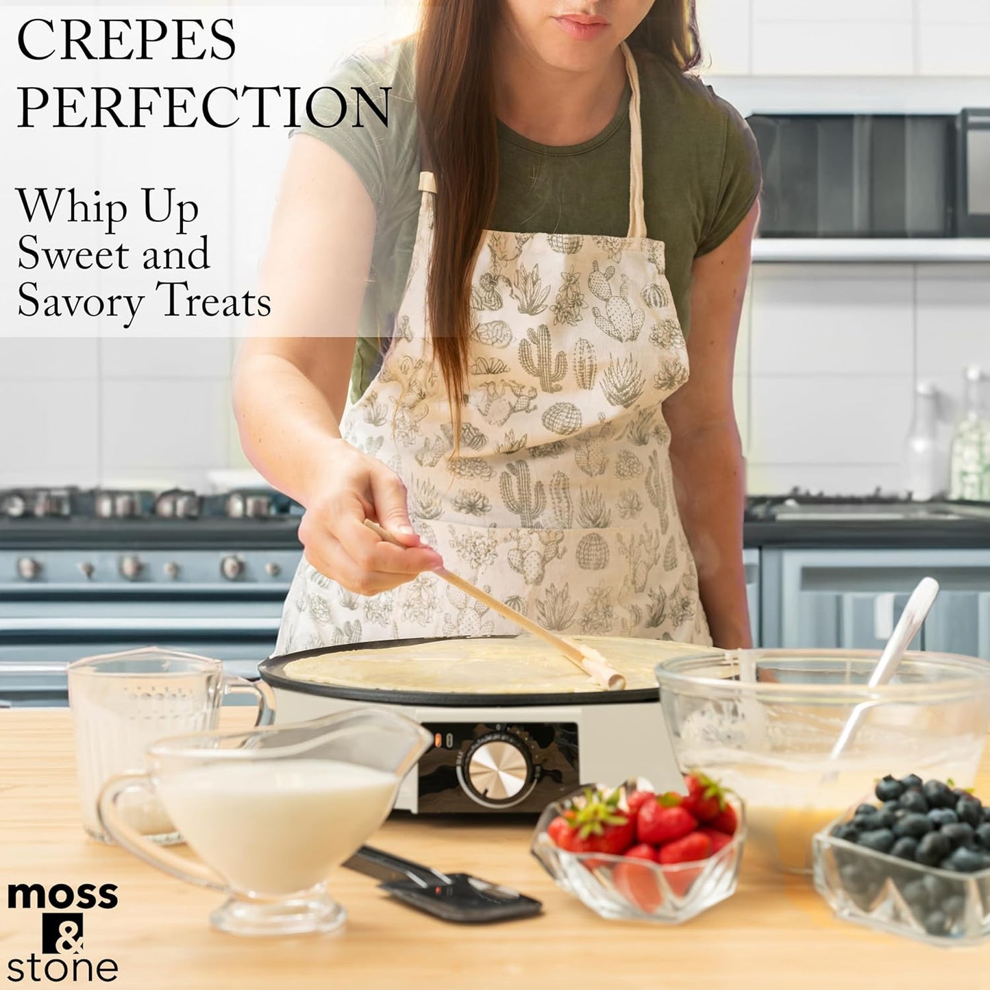Moss & Stone Beige 12 Inch Electric Griddle & Crepe Maker Machine. Electric Crepe Maker with Adjustable Temperature for Blintzes Pancakes & Tortilla, Non-Stick Crepe Pan & Batter Spreader & Spatula