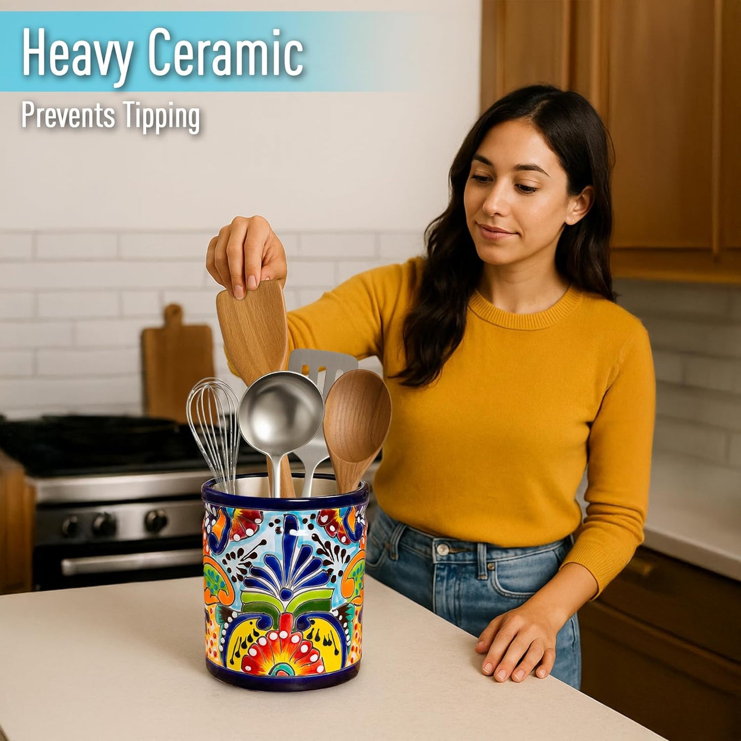 Utensil Holder For Counter Extra Large Utensil Holder, Mexican Talavera Pottery Kitchen Decor, Drawer Organizer, Spoon Holder, Ceramic Mexico Decor for Home Spatula Holder, Mexican Vase, Spoon Rest