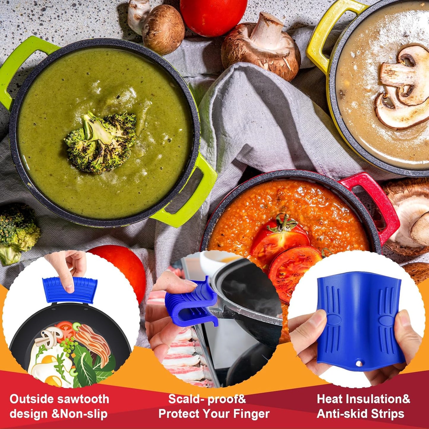 2 Pcs Cast Iron Handle Cover, Silicone Hot Handle Holder, Heat Resistant Cast Iron Skillet Handle Covers Potholder for Frying Pans and Griddles Kitchen Supplies