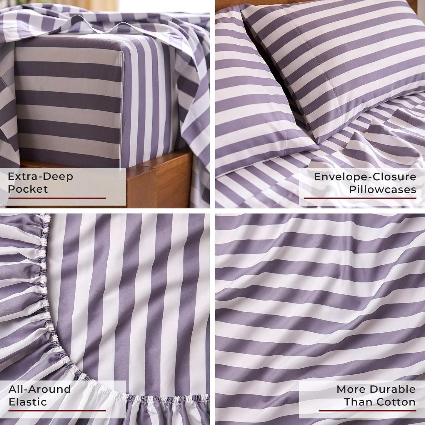 Mellanni California King Sheets Set - 4 PC Iconic Collection Bedding - Hotel Luxury, Soft, Cooling Bed Sheets - Wrinkle, Fade, Stain Resistant (Cal King, Oxford Stripe Hazy Lilac)