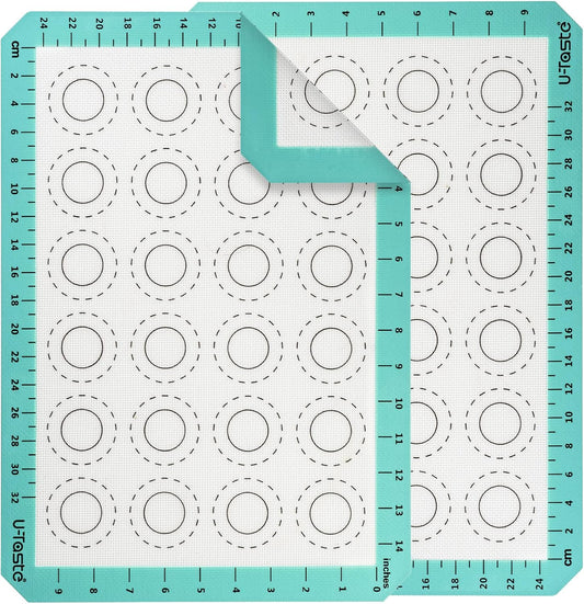 U-Taste 446ºF Heat Resistant Macaron Silicone Baking Mat, Non Stick Reusable Cookies Pastry Sheet Liner with Edge Enhancement Circle Measurement (Half Sheets Size, Pack of 2, Aqua Sky)