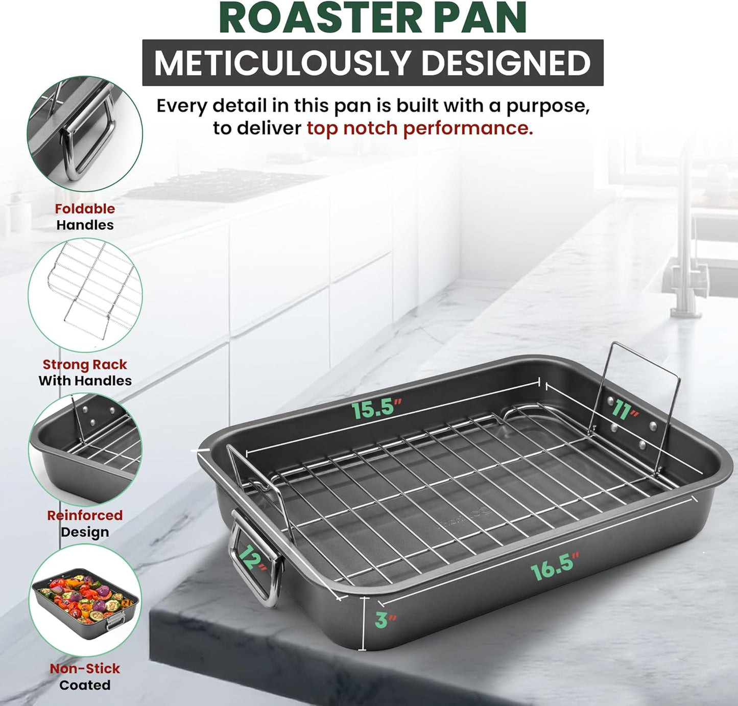 Large Roasting Pan With Rack 12” X 16” - Non Stick Large Roaster Pan and Flat Rack With Foldable Handles - Roasting Pans for Ovens to Elevate Food for Even Heating - Dishwasher Safe Turkey Roast Pot