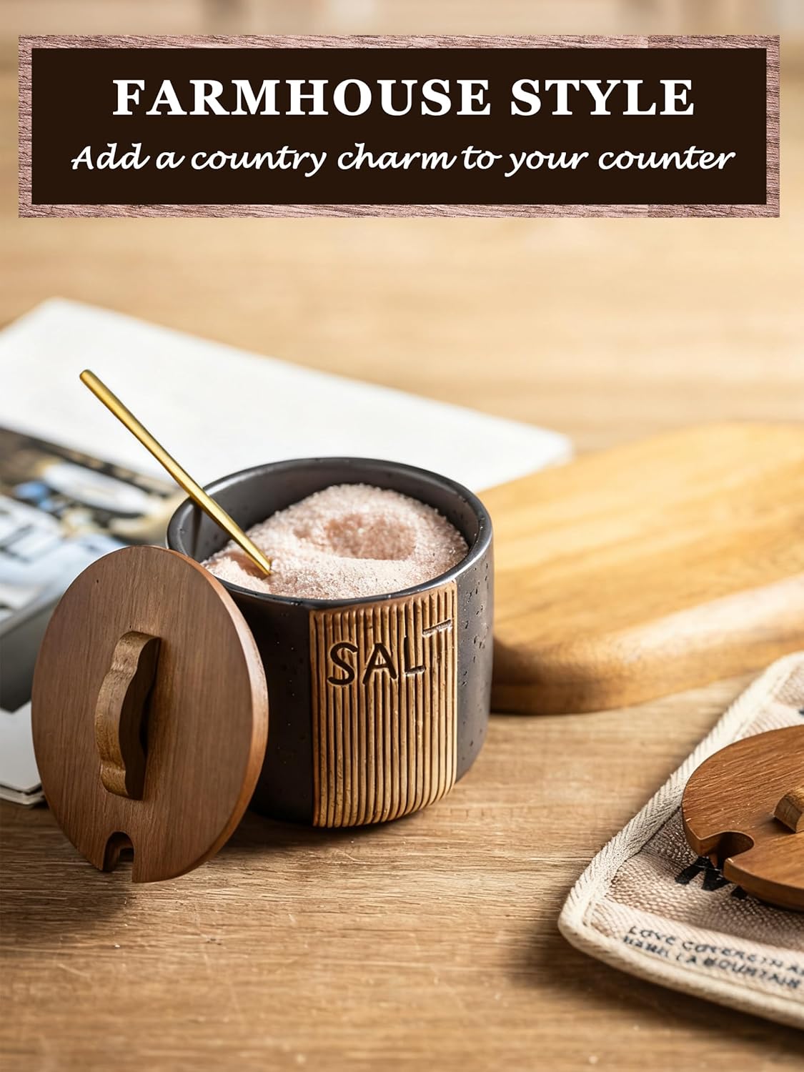 Salt Container for Countertop, Ceramic Salt Cellar with Lid & Spoon, Farmhouse Salt Bowl, 10 OZ, Black