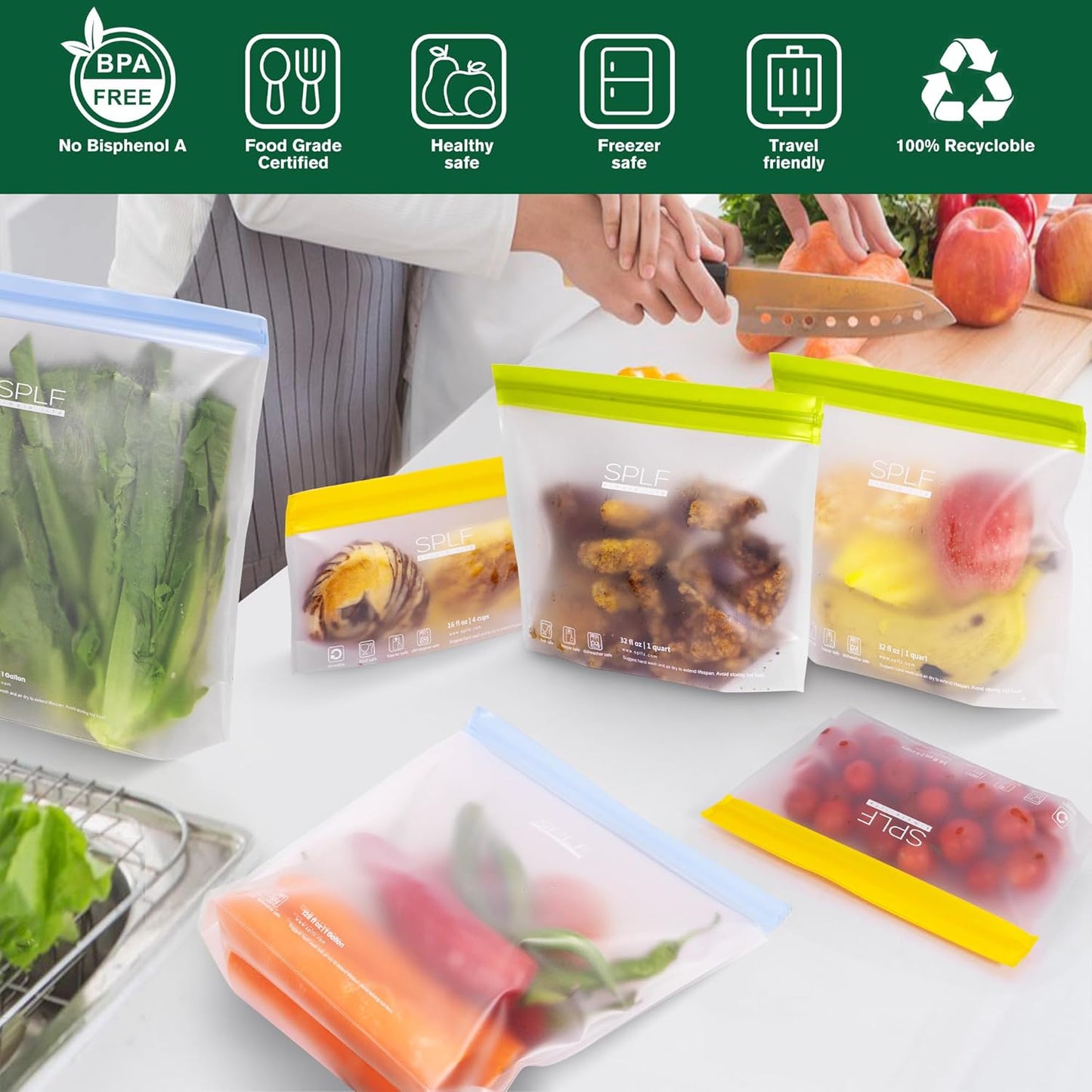 SPLF 8 Pack Stand-Up Reusable Half Gallon Freezer Bags Dishwasher Safe, Extra Thick Leakproof 1/2 Gallon Food Storage Bags, BPA Free Silicone for Meal Prep, Marinate, Veggies, Fridge Organization