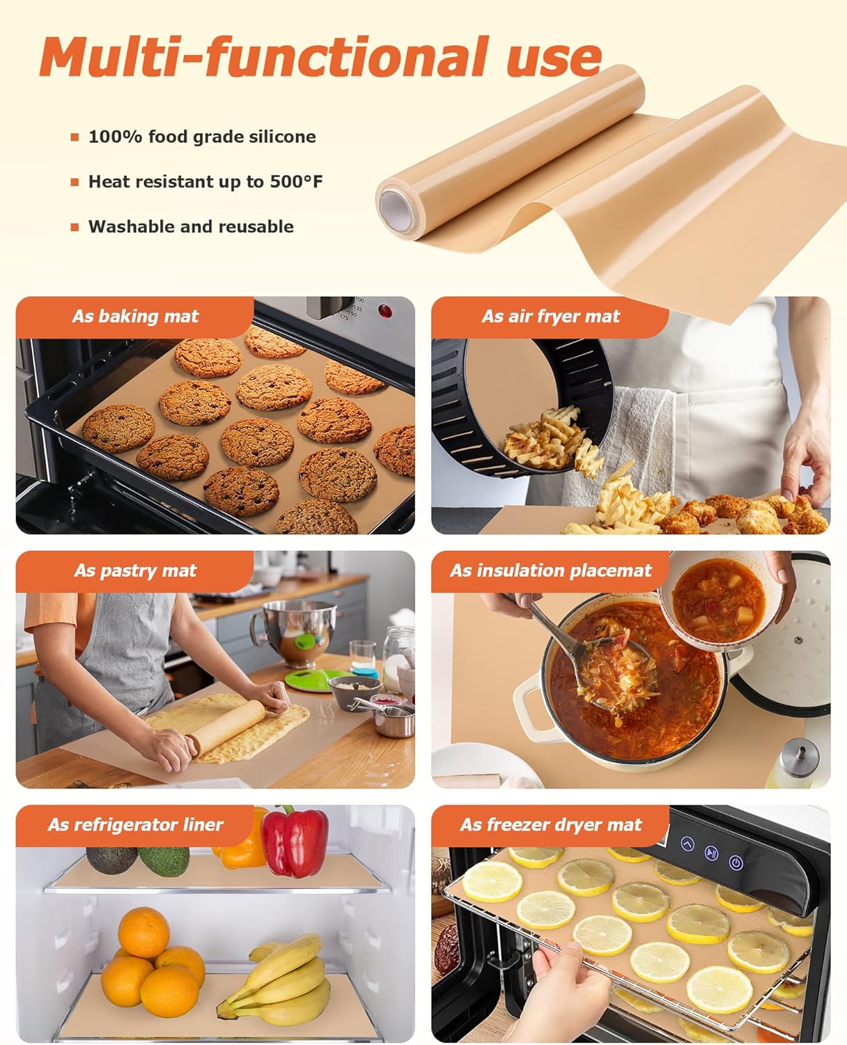 Silicone Baking Mat Roll - Best German Silicone - Non-slip Silicone Pastry Mat, Non-Stick Reusable Air Fryer Linner, Counter Mat, Oven Liner, Freeze Dryer Mat - 16IN x 8FT