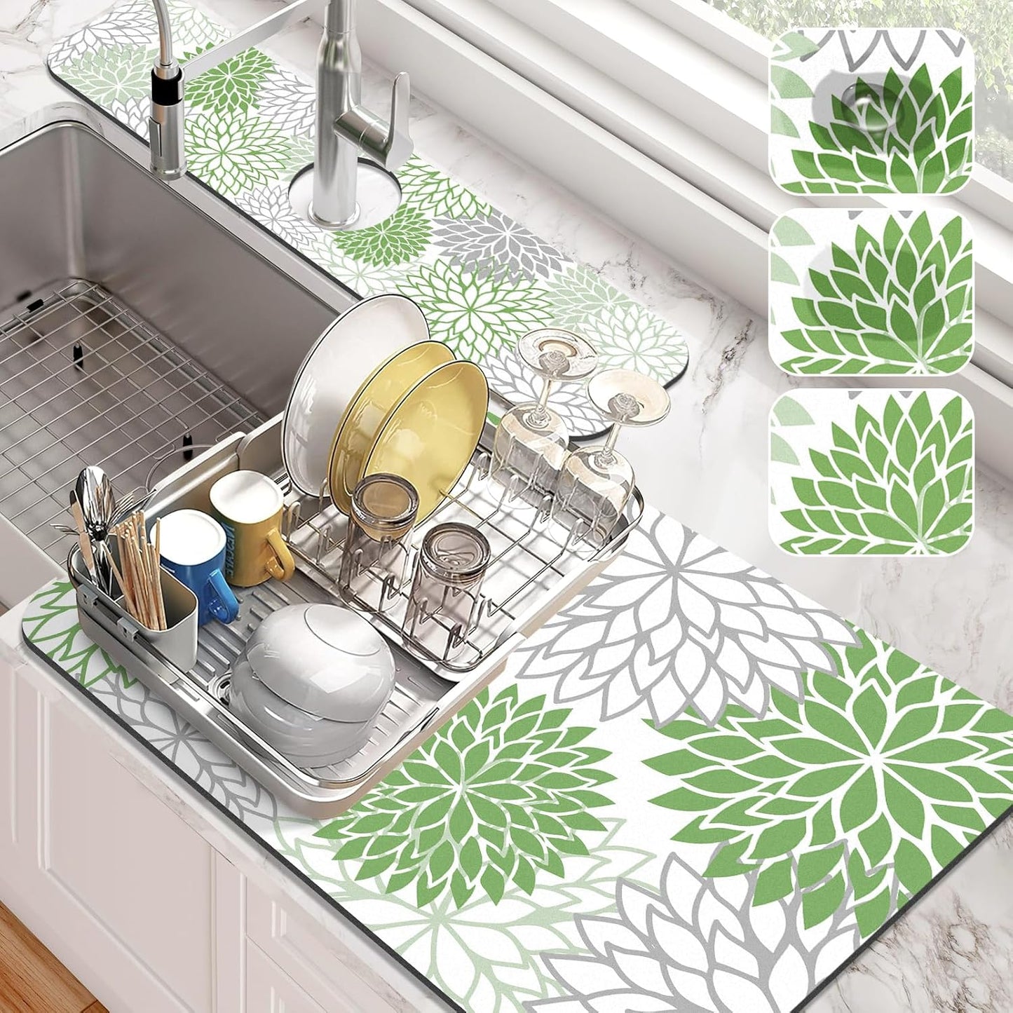 Findosom 2PCS 16" x 24" Dish Drying Mat & 24" x 5.5" Sink Splash Guard, Super Absorbent & Cuttable Dish Mat Drying Kitchen Mat with Green Floral, Hide Stain Drying Mat for Kitchen Counter