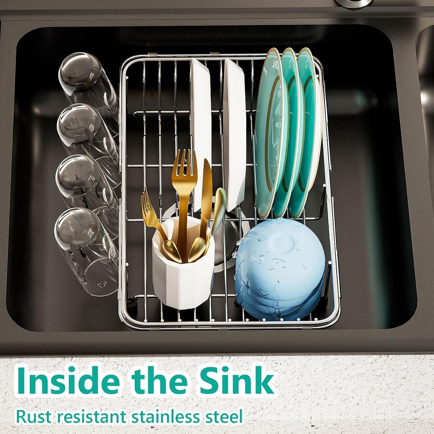 Dish Drying Rack in Sink Expandable Stainless Steel Kitchen Dish Drainer with 4 Cup Holders, Silver