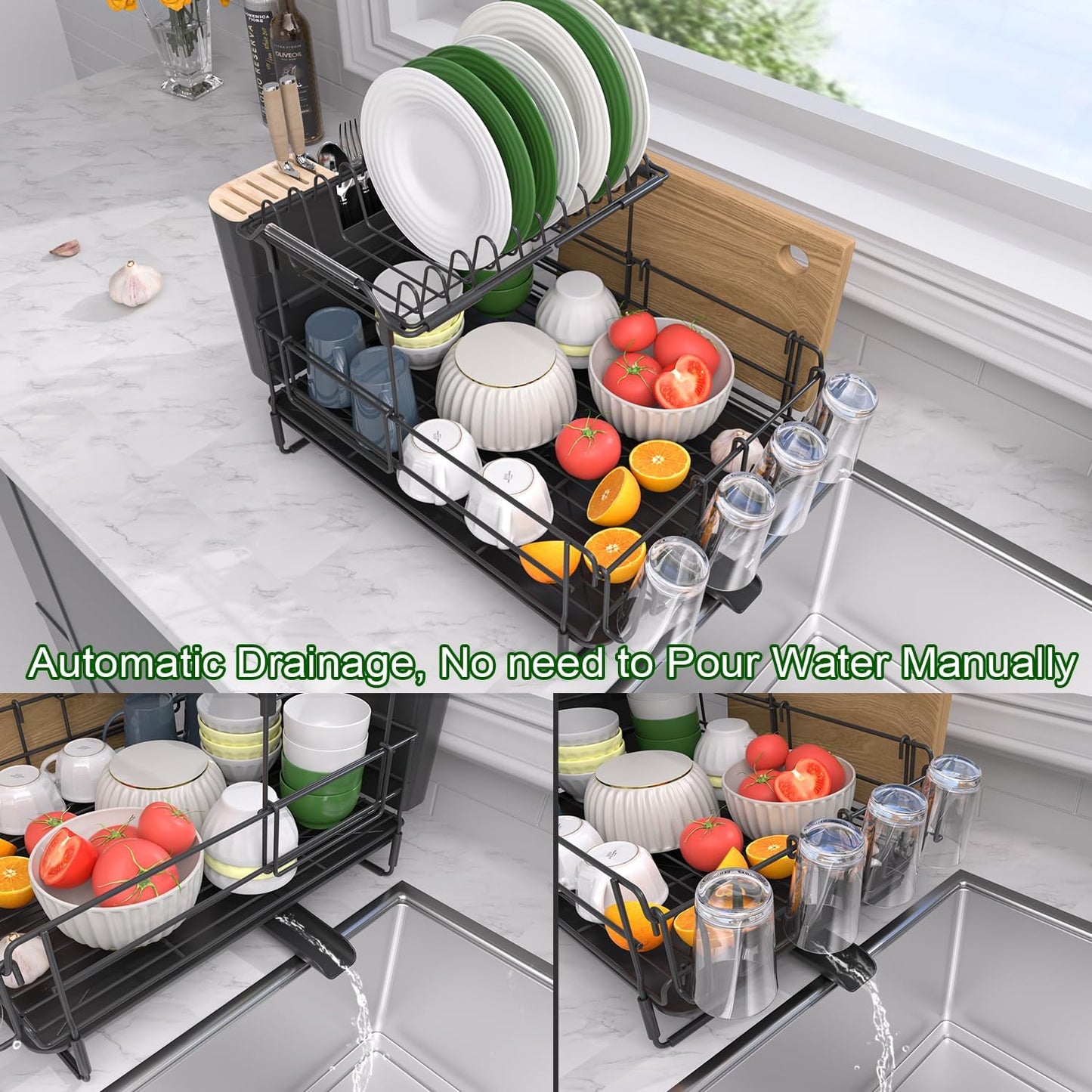 Runnatal 2-Tier Dish Drying Rack with Drainboard Set, Stainless Steel Detachable 2-in-1 Large-Capacity 2-Tier Over The Sink Anti-Rust Dish Rack and Dish Drainer for All Kitchen