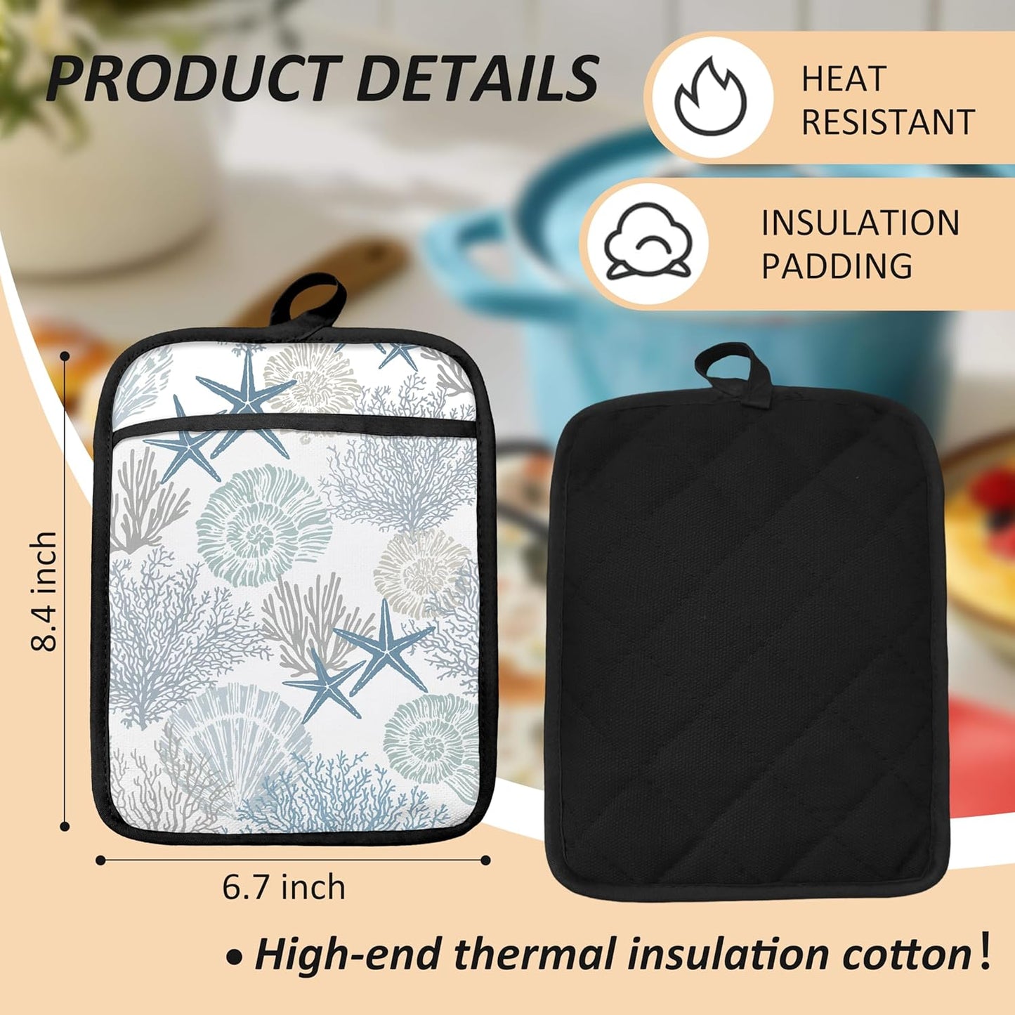 Coastal Beach Seashell Coral Starfish Oven Mitts Set, Ocean Beach Gifts for Women, Blue Heat Resistant Kitchen Oven Gloves for Baking and Cooking,Pot Holders