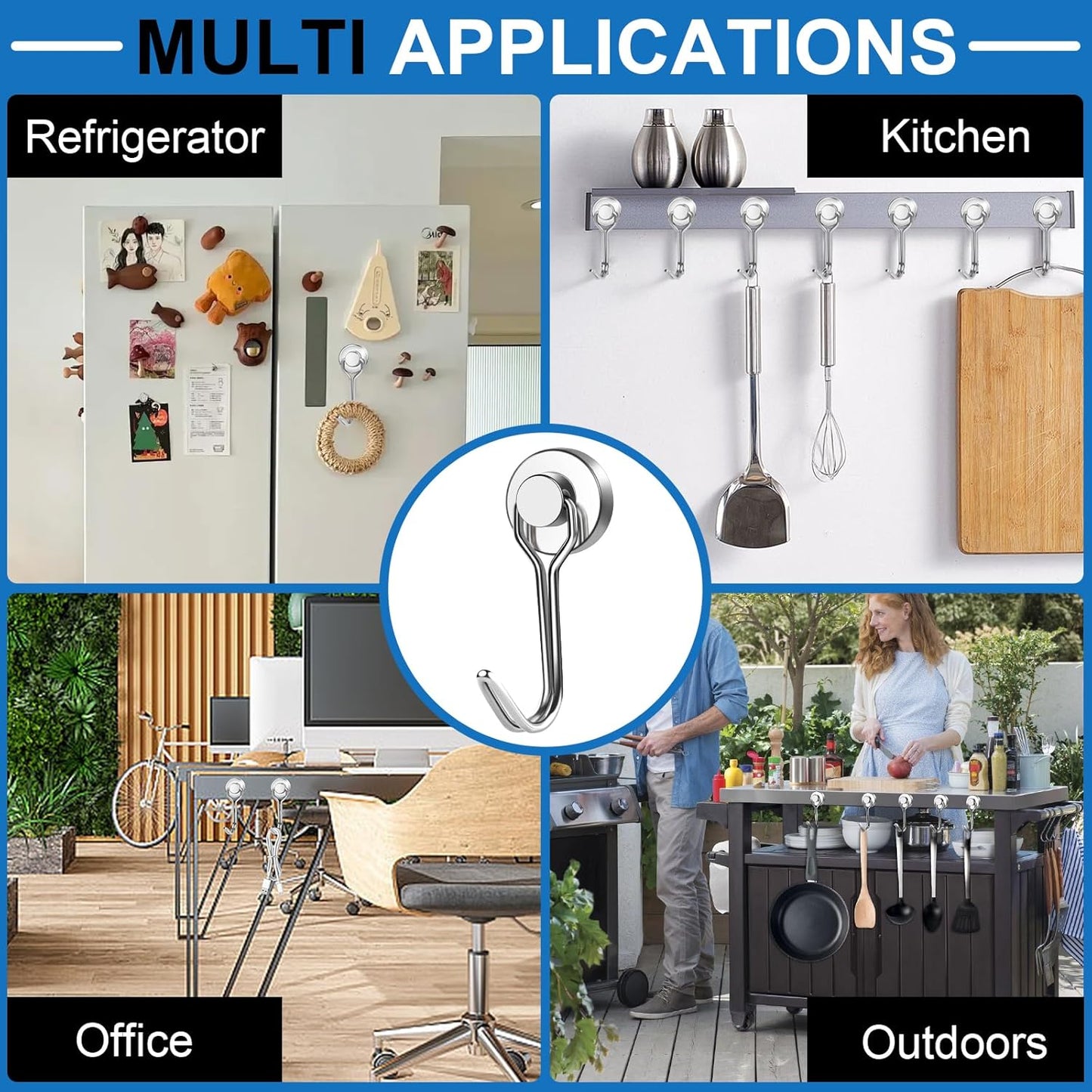 E BAVITE Swivel Swing Silver Magnetic Hooks,30LBS Powerful Strong Neodymium Rare Earth Magnet Hook. Perfect for Refrigerator, Kitchen and Other Surfaces, Pack of 50