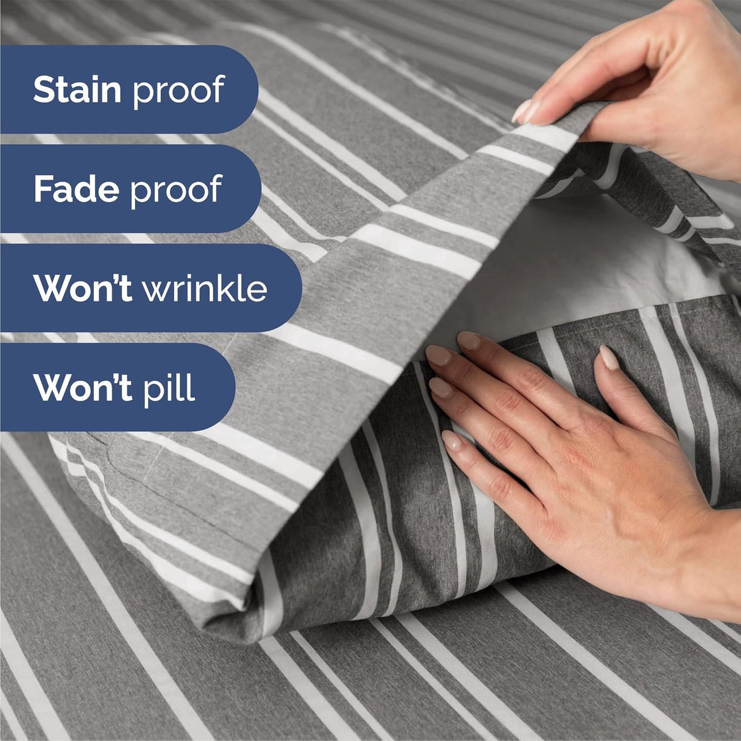 Queen Size 4 Piece Sheet Set - Comfy Breathable & Cooling Bed Sheets Set - Hotel Luxury Bedding for Women, Men, Kids, Teens, Boys & Girls - Deep Pockets, Soft, Wrinkle Free - Oeko-Tex - Grey Stripes 3
