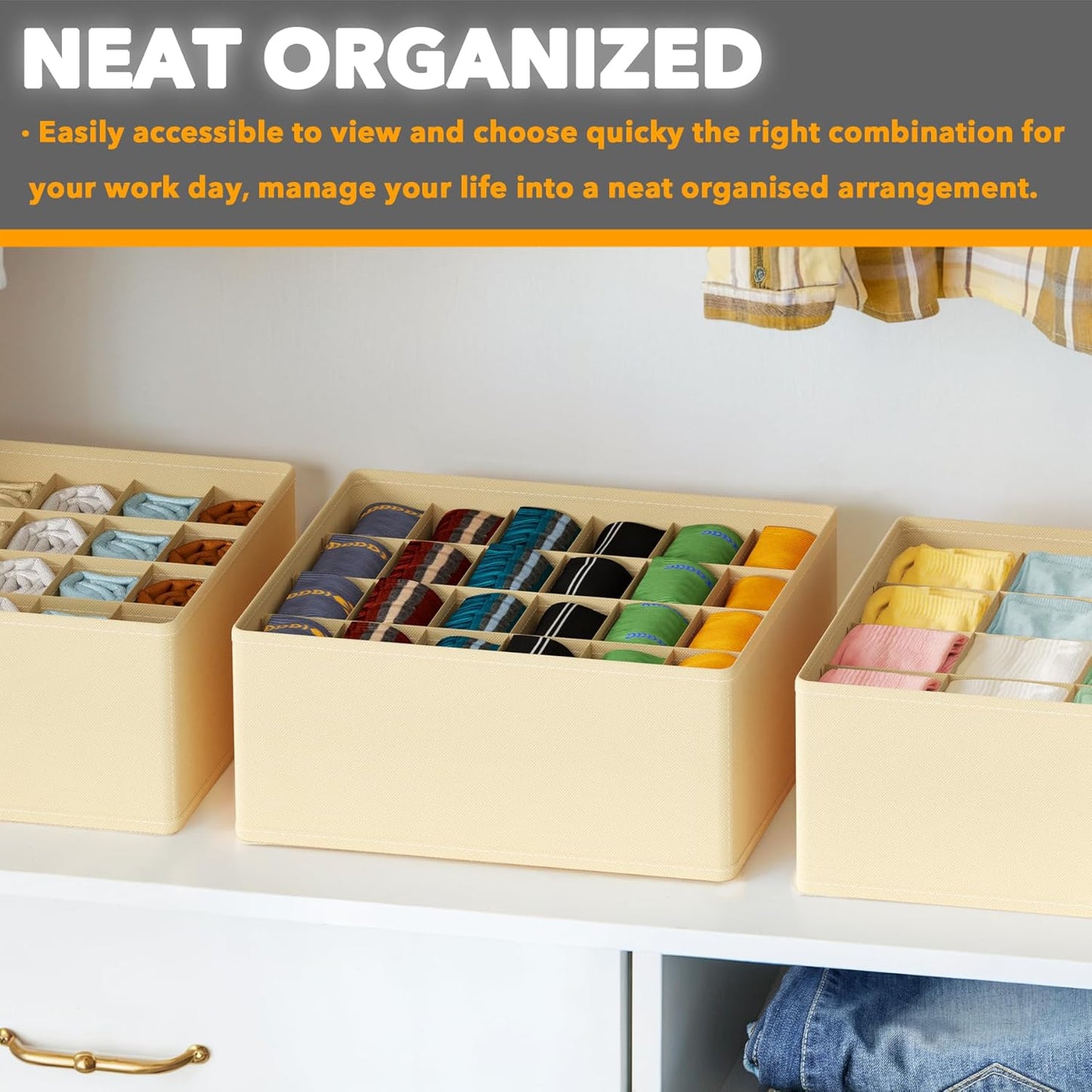 SpaceAid Sock Drawer Organizer Divider 3 Pack, 64 Cell Dresser Closet Nursery Underwear Organizers Storage Bins for Organizing Socks Underwear Ties Belts (Beige)