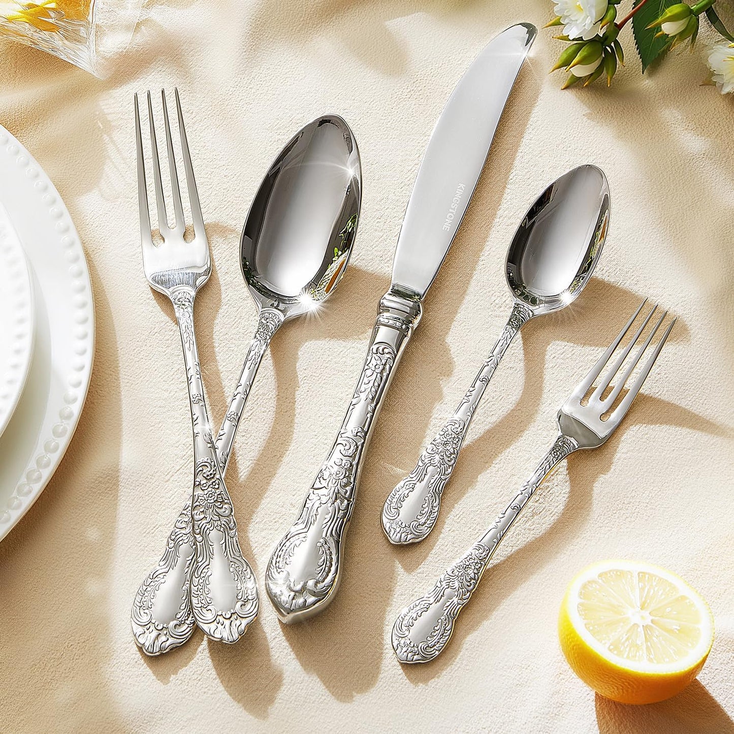 KINGSTONE Vintage Carved Silverware Set, 60-Piece 18/10 Stainless Steel Flatware Cutlery Set with Retro Royal Thick Handle, Tableware Utensils for Home, Restaurant, party, Wedding, Dishwasher Safe