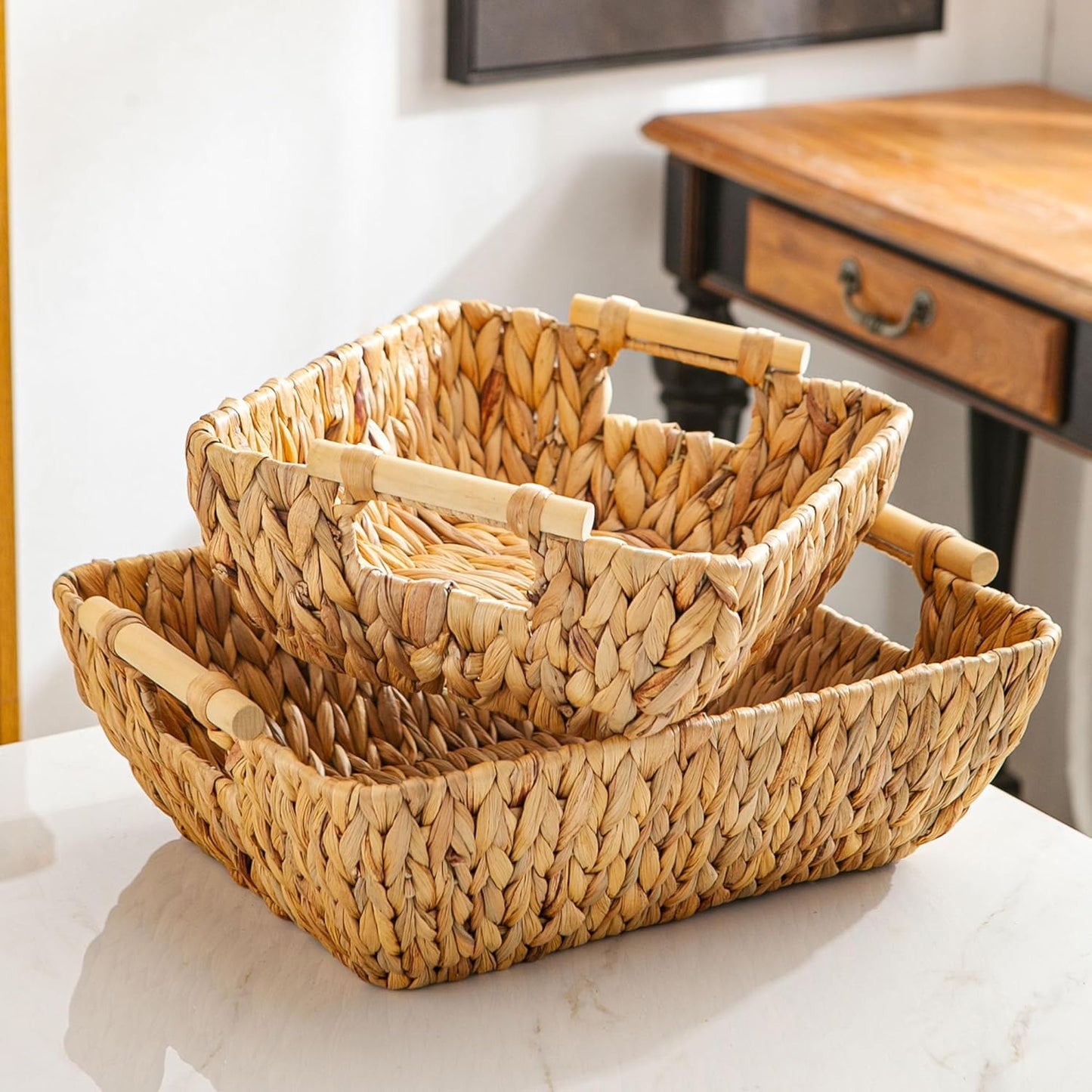 Woven Storage Baskets – Set of 2 Handwoven Water Hyacinth Wicker Baskets with Wooden Handles for Organizing, Decorative Baskets for Laundry Room, Home Decor - Large & Medium