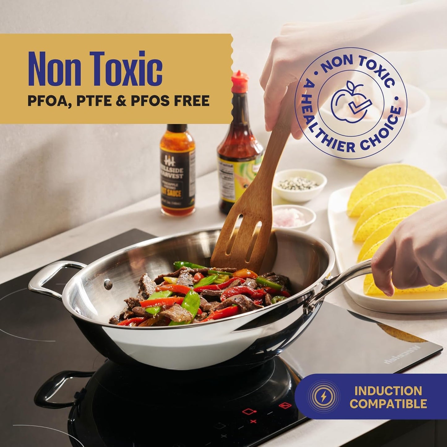 LEGEND COOKWARE Stainless Steel 3 Piece Wok Set | 5 Ply Wok, Induction, Non-Toxic, Oven Safe | Best 18/8 Full Clad | Professional Kitchen Cooking, Heavy Chef Quality | PFOA, PTFE & PFOS Free