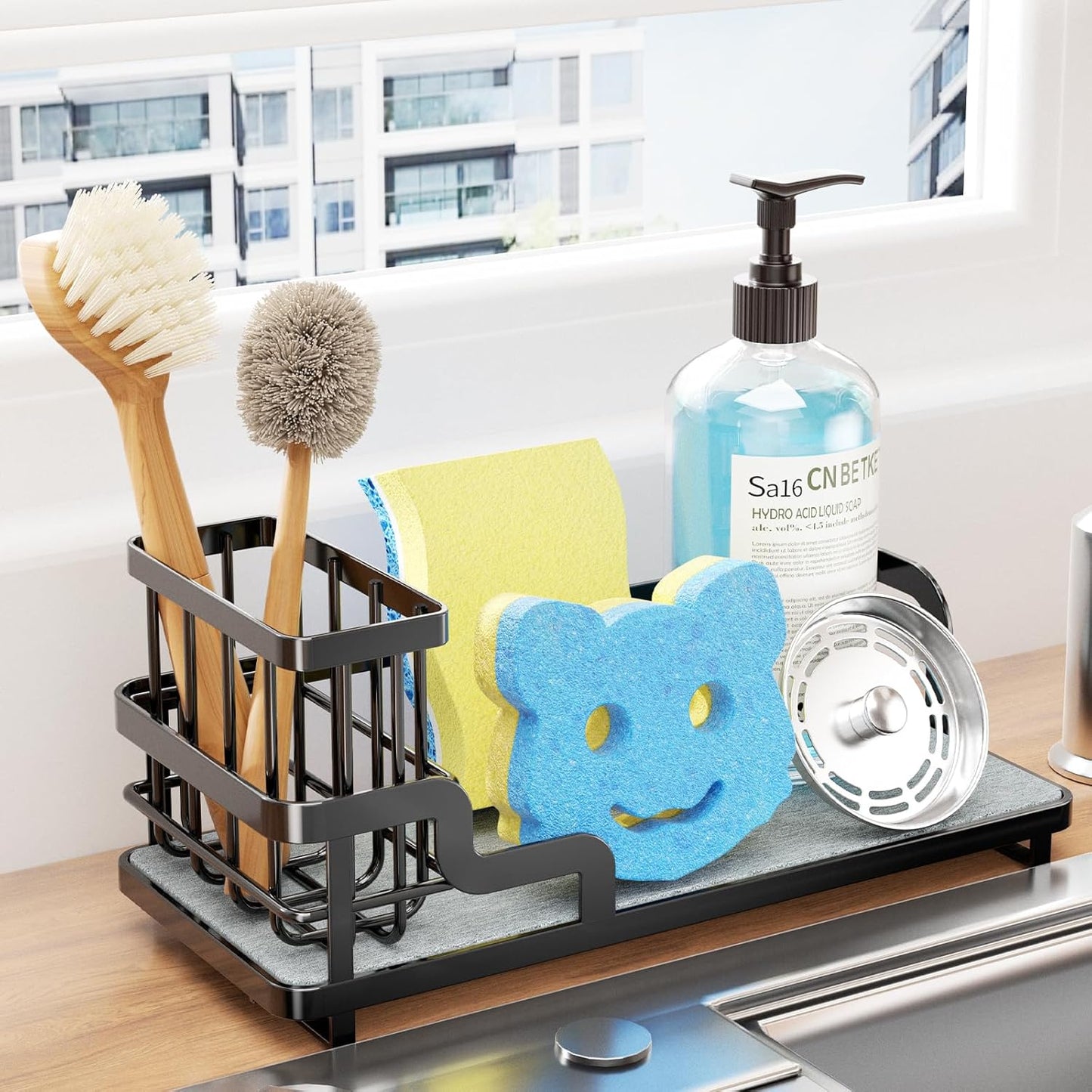 Consumest Sponge Holder for Kitchen Sink - Sink Caddy Organizer with Water Absorbing Stone Tray, Detachable Brush Holder, Stainless Steel Kitchen Counter Organizer Rack, Black