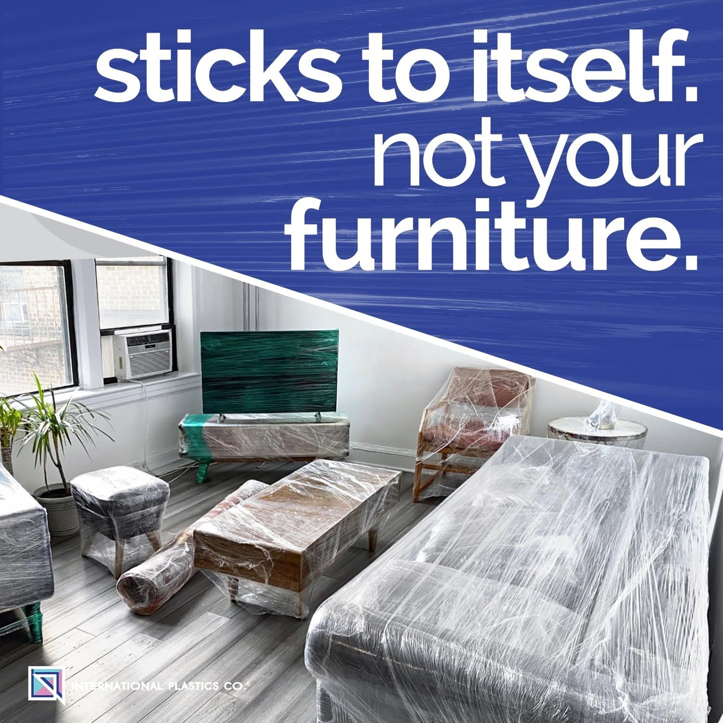 International Plastics Co. 15" Plastic Stretch Film Wrap with Tension Handles 1200ft Each 500% Stretch Clear Cling Durable Adhering Packing Moving Packaging Heavy Duty Shrink