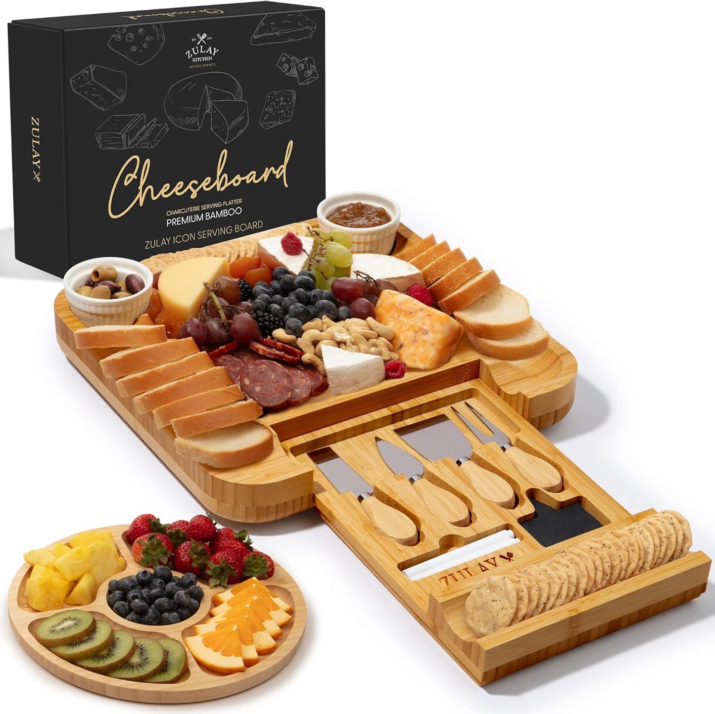 Zulay Kitchen Premium Bamboo Cheese Board Set - Extra Thick Bamboo Charcuterie Board Set with 4 Piece Knife Set - Wooden Cheese Board is Perfect for Charcuterie, Wine and Cheese (Party Set) - Icon
