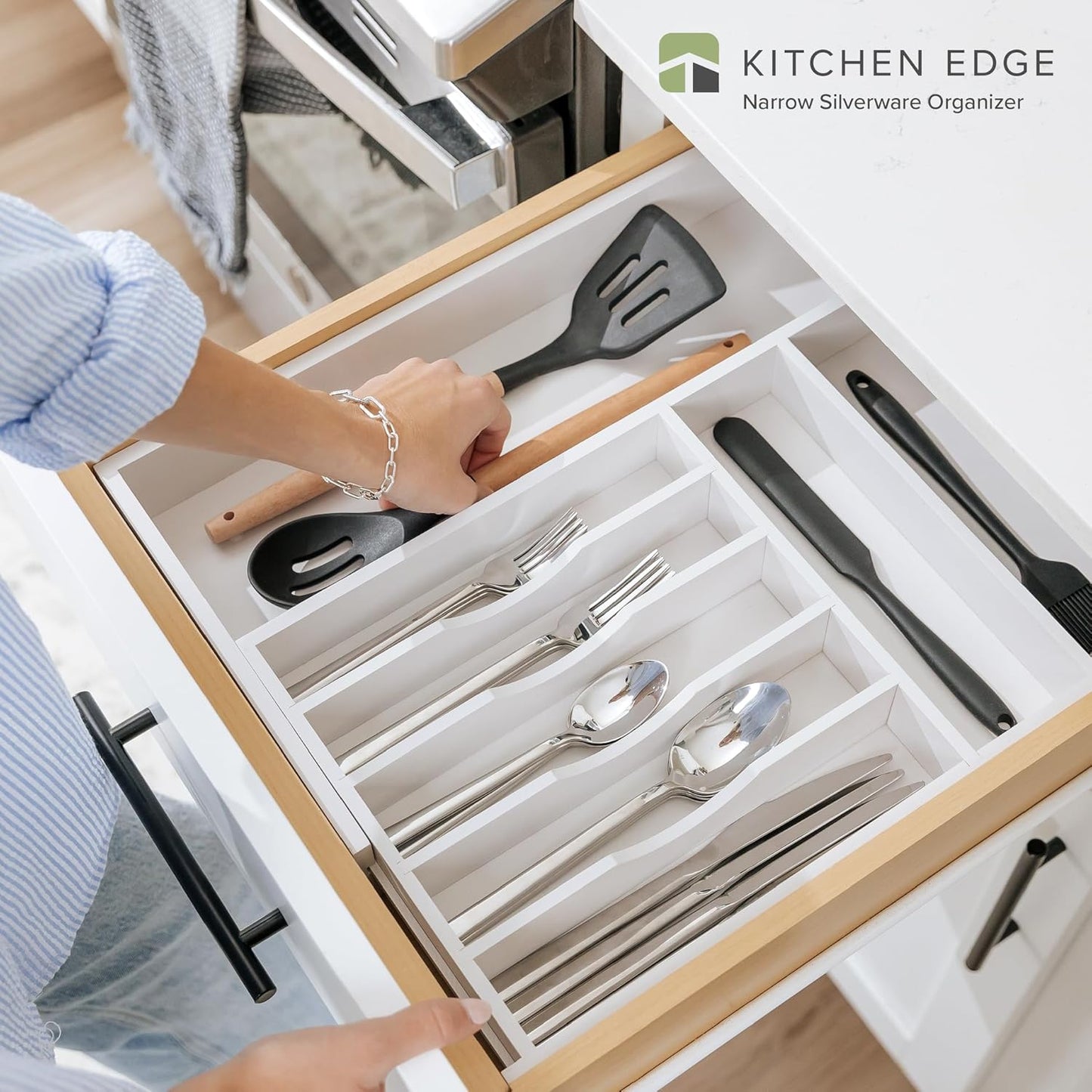 KitchenEdge Premium Silverware, Flatware and Utensil Organizer for Kitchen Drawers, Food-Safe Contract Grade, Expandable from 10.5 to 19 In, White Bamboo