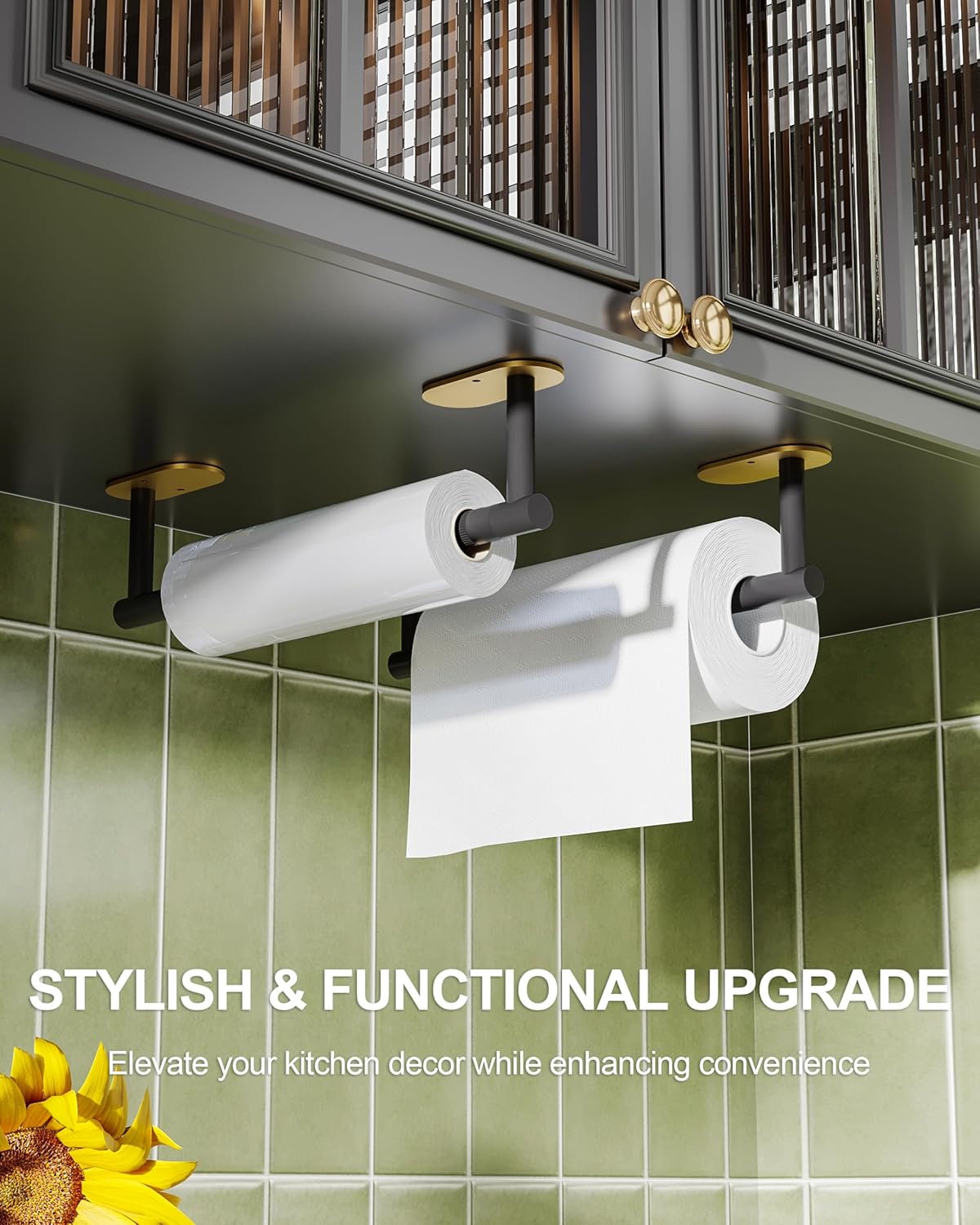 Paper Towel Holder Under Cabinet Black and Gold, Self Adhesive or Wall Mounted SUS304 Stainless Steel Paper Towel Holder for Kitchen, Bathroom, Farmhouse, Barbecue and Laundry (Black&Gold)