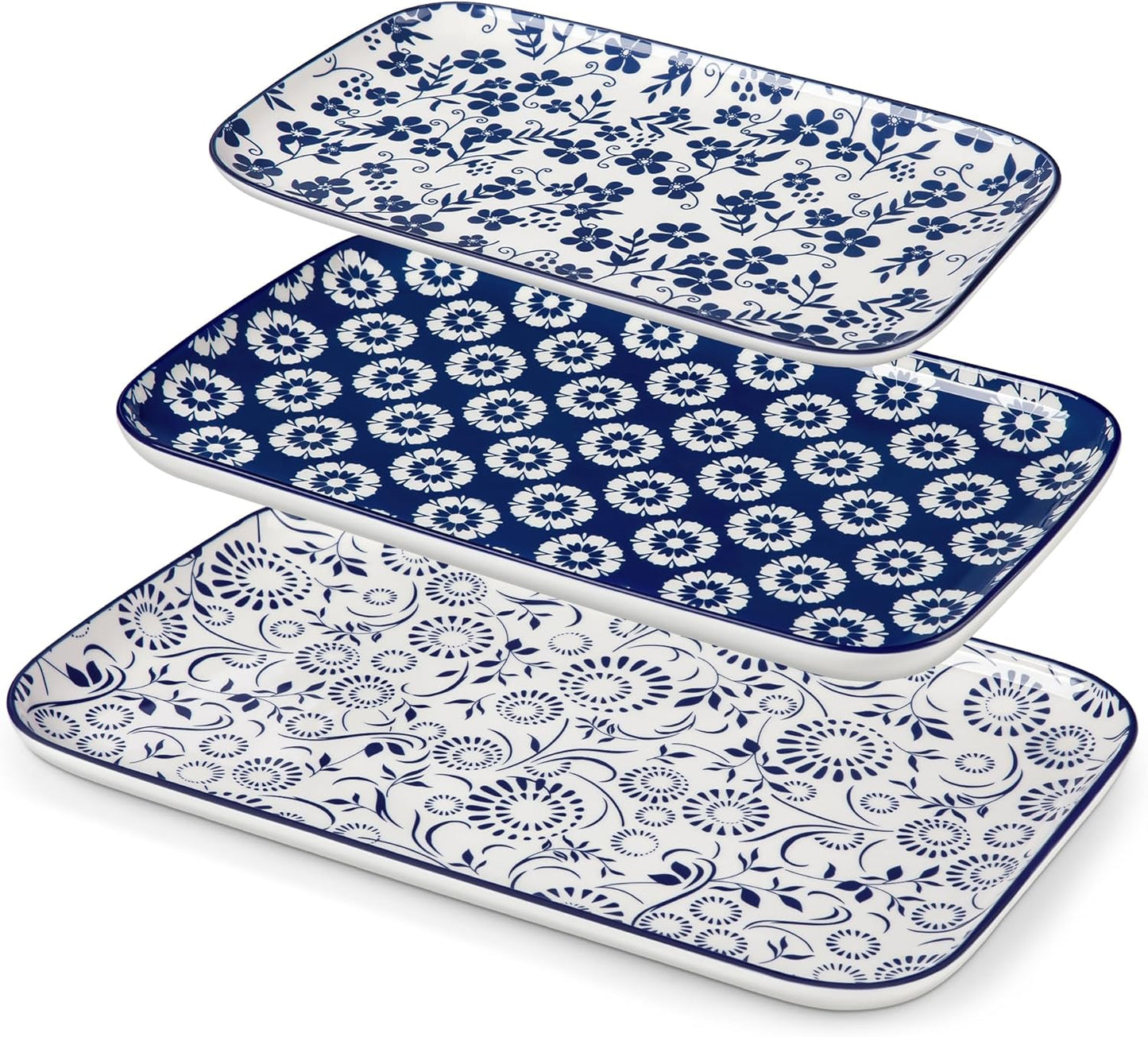 vancasso Serving Platters Set of 3, 16"/14"/12" Inch Rectangular Trays - Serving Platter Extra Large, Ceramic Serving Dish Microwave & Dishwasher Safe (Vintage Blue B)