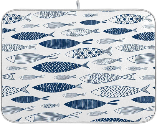 Cartoon Fish Dish Drying Mat for Kitchen Counter Absorbent Microfiber Drying Pad, Medium 16x18 in, Reversible Drainer Mats