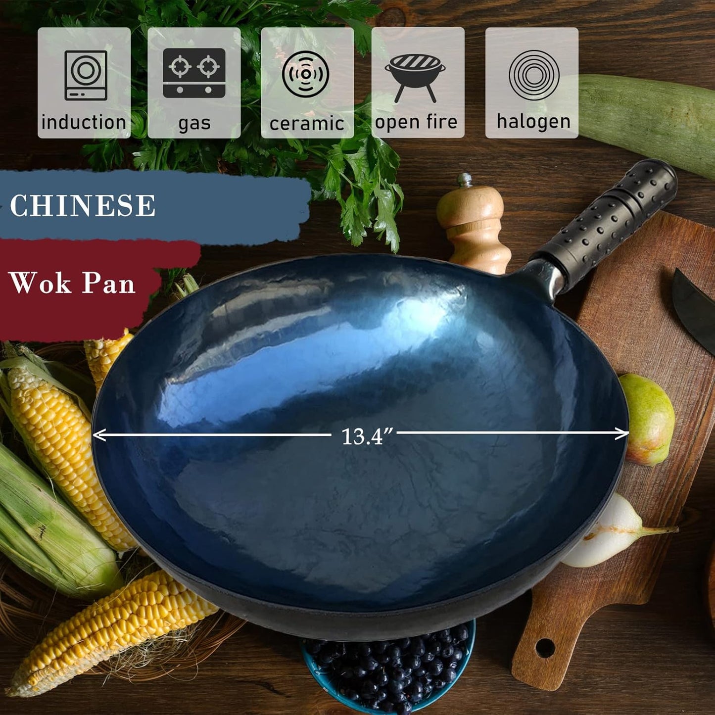 shuoguoleilei Chinese Hand Hammered Iron Woks Set, Non-Stick No Coating Preseasoned Wok Blue Round Bottom Wok Pan for Electric, Induction and Gas Stoves （Blue Black-12）