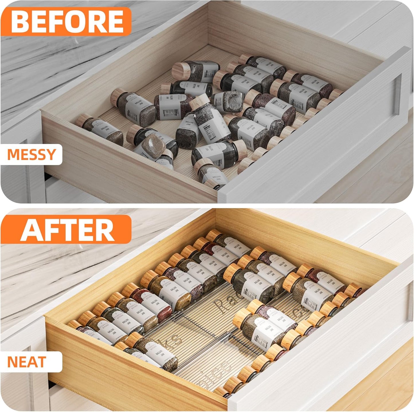 8 Packs Spice Drawer Organizer, 2-Tier Acrylic Drawer Seasoning Organizer, Expandable From 11'' to 22'' Kitchen Spice Rack Organizers and Storage for Drawer (Jars not included), Clear