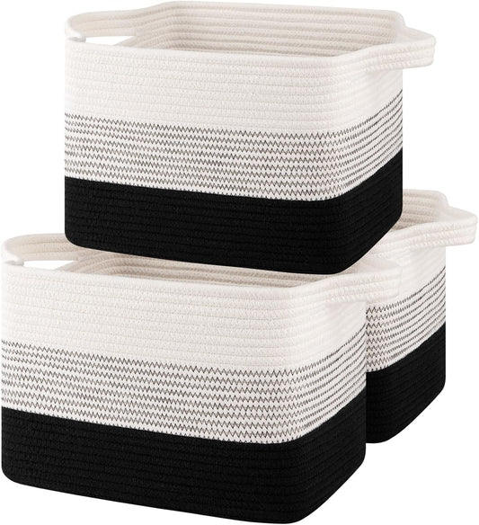 Storage Baskets for Organizing, Woven Baskets for Shelves, Rectangle Decorative Organizer for Storage Clothes, Toy, Books, Towels Nursery Bins 3 Pack (Gradient Black)