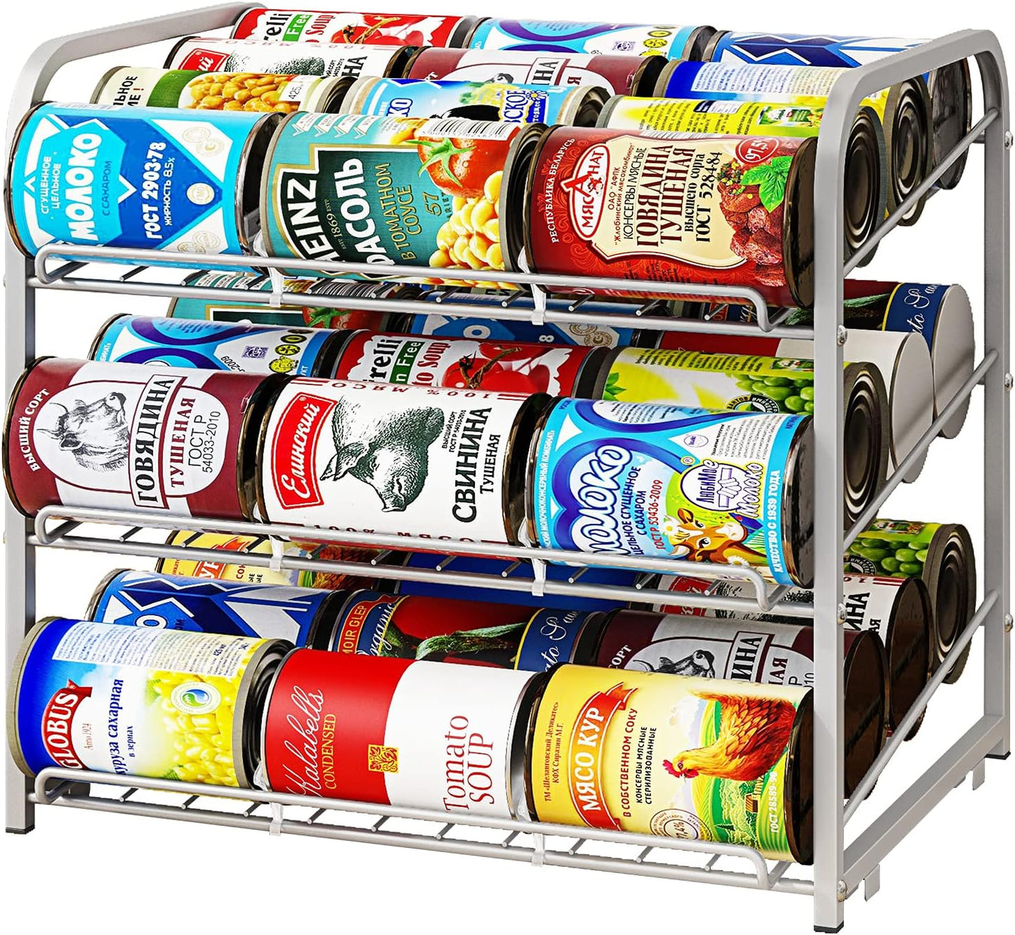 AIYAKA Can Rack Organizer, 3 Tier Stackable Can Storage Dispenser–12.2" D x 16.6" W x 14.5" H,for Food Storage, Kitchen Cabinets or Pantry, Storage for 36 Cans, Silver