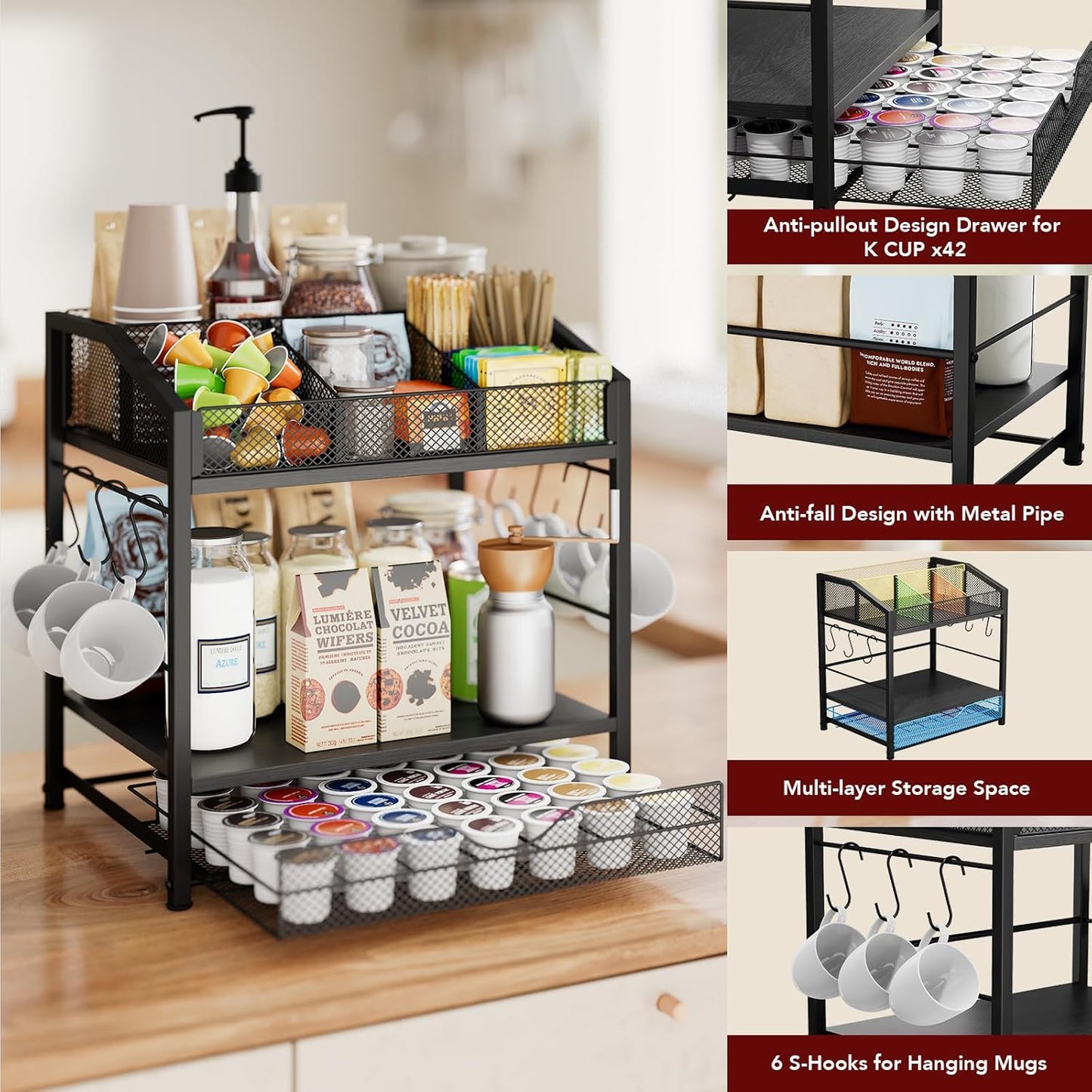 Coffee Bar Organizer - Countertop Coffee Station, 42 K Cup holder Storage Basket with Drawer and Hooks for Syrup, Cups, Stirrer, Condiment, Tea Organizer, Black