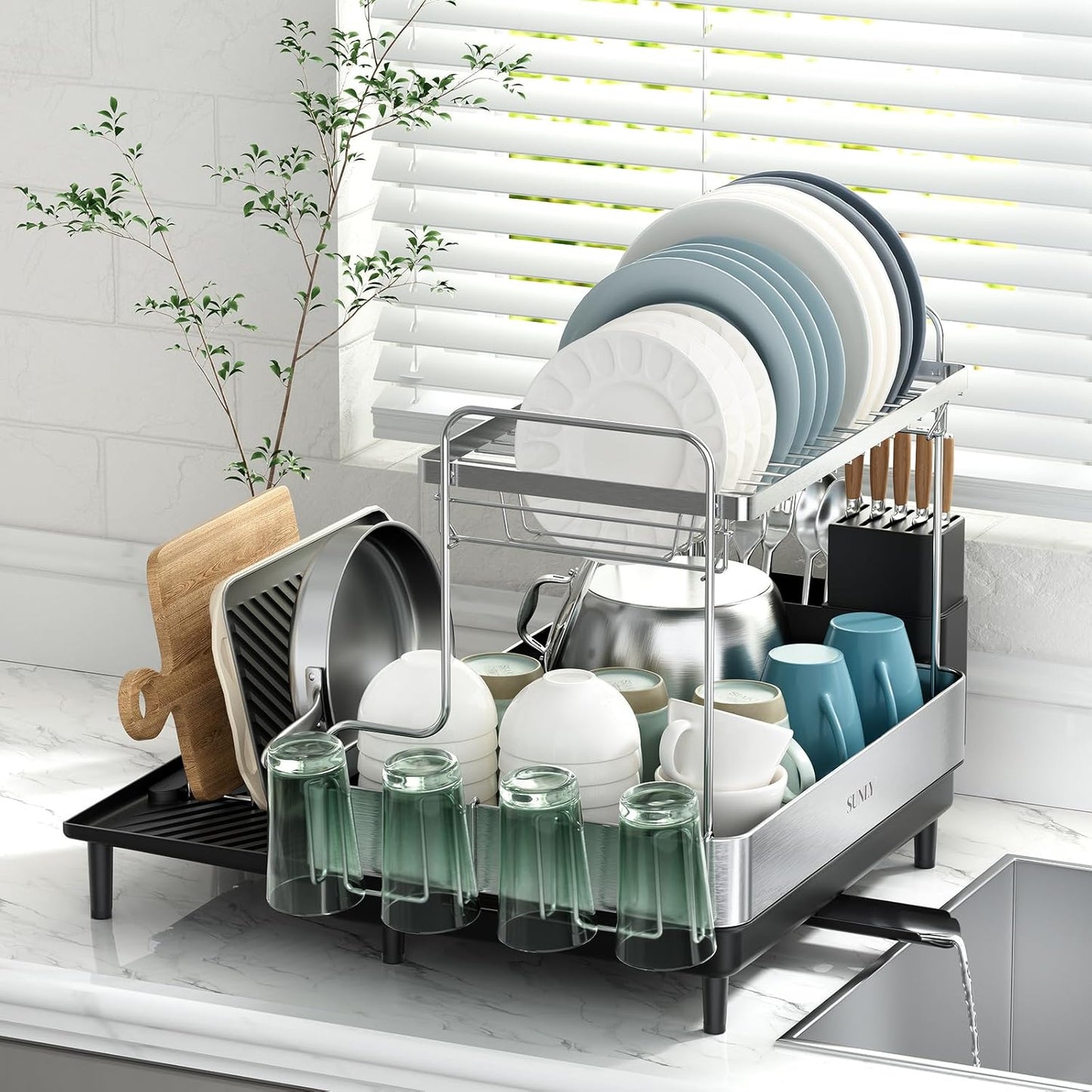 SUNLY 2 Tier Dish Drying Rack, Extra Large Dish Rack, Expandable Dish Racks for Kitchen Counter, Multifunctional Large Dish Drainers for Kitchen Counter, Black