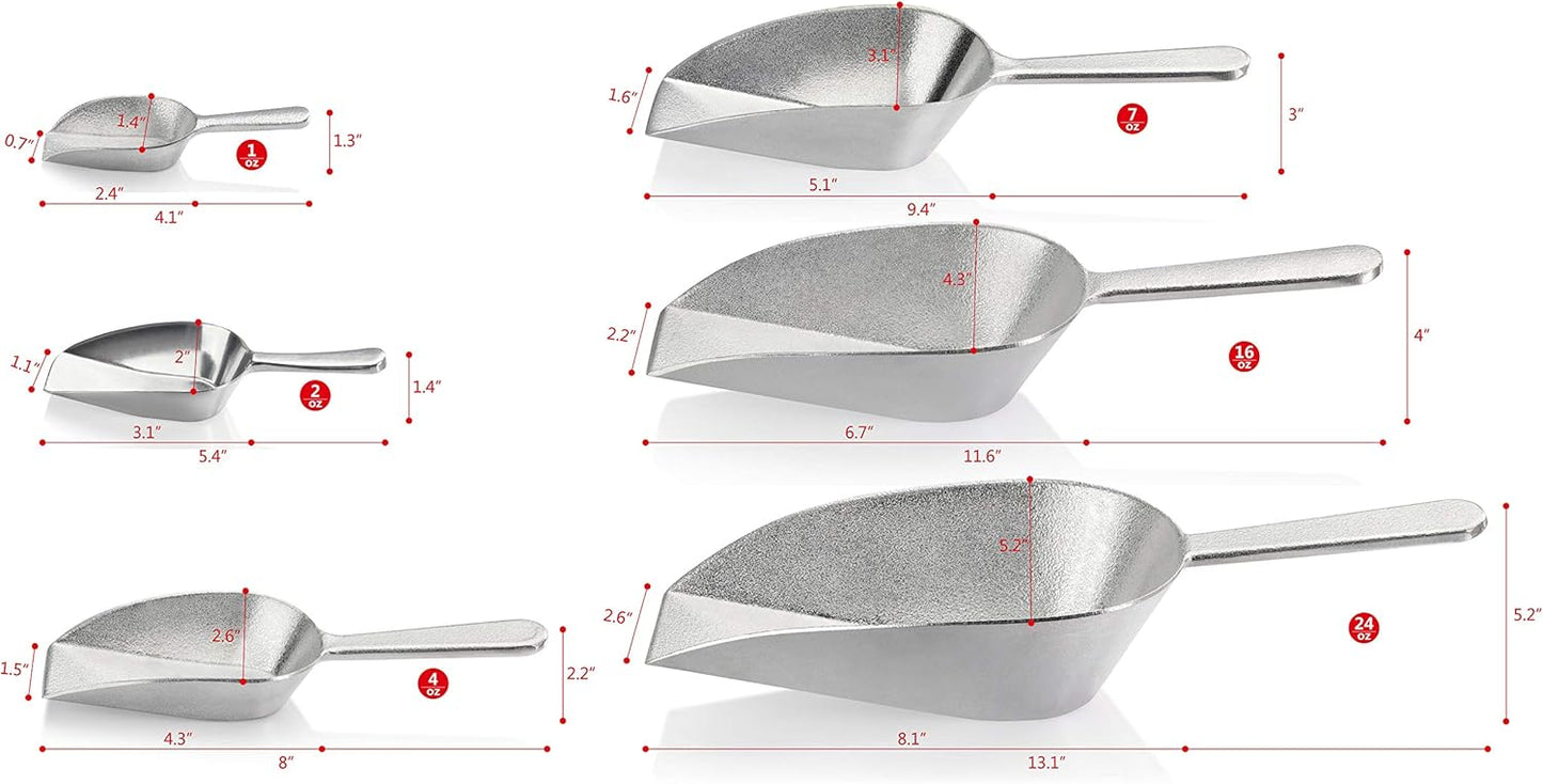 New Star Foodservice 34646 One-Piece Cast Aluminum Flat Bottom Bar Ice Flour Utility Scoop, 2-Ounce, Silver