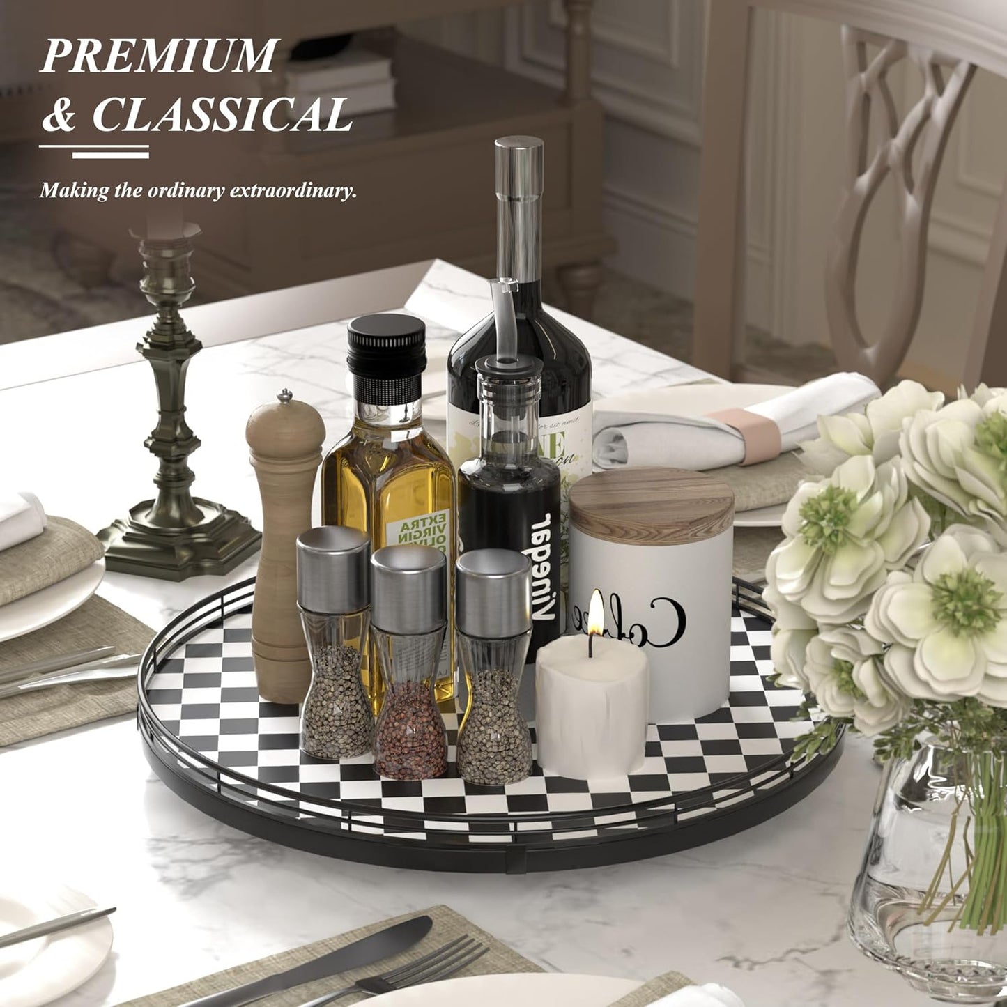 16" Black and White Kitchen Lazy Susan Turntable, Round Checkered Decorative Tray, Large Lazy Susan for Dining Table Centerpiece, Pantry, Kitchen, Bathroom, Countertop, Cupboard, Home Decor