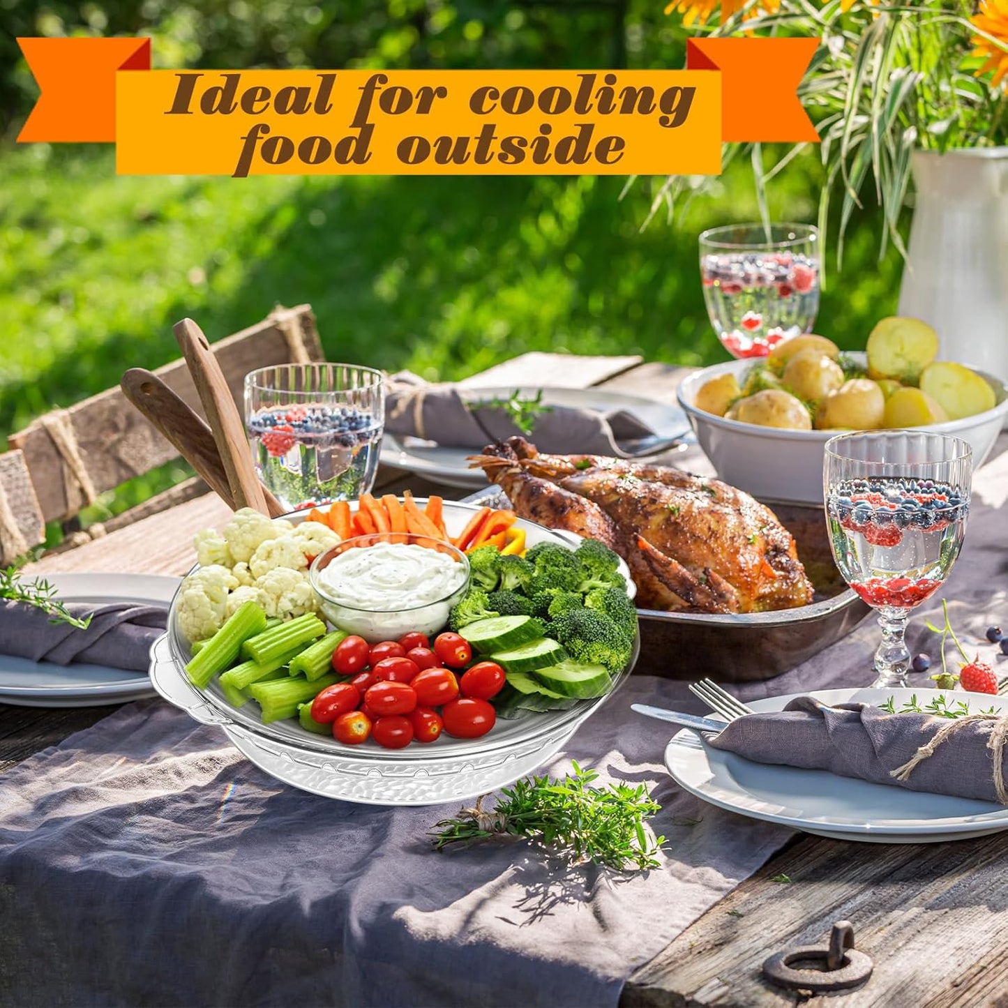 Baderke 1 Set 11.8" Chilled Serving Tray for Parties with Compartments Ice Chilled Party Platter Charcuterie Serving Board Cold Dish Dip for Fruit Seafood Vegetable Shrimp Cocktail (Natural)