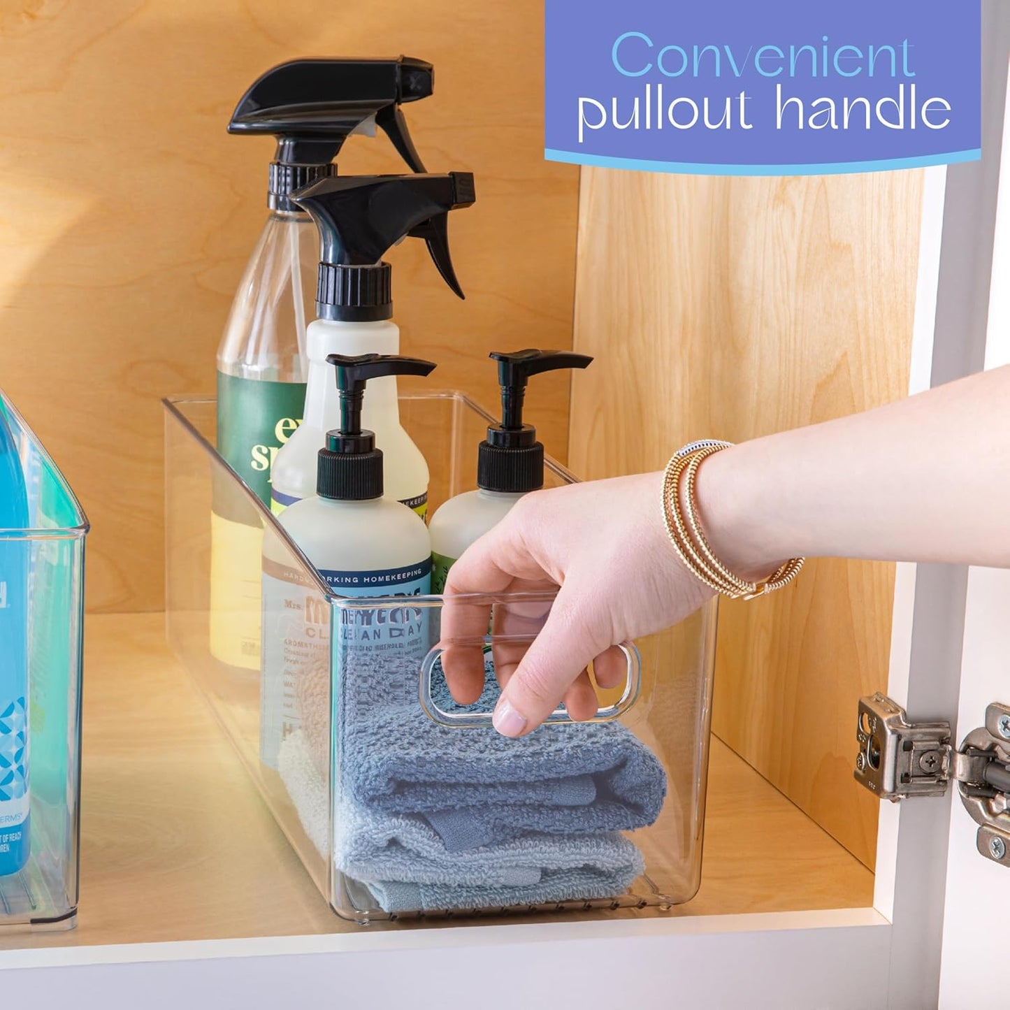 Plastic Food Storage 6 Pack Clear Container Bin with Handles for Organizing Kitchen, Pantry, Refrigerator, Freezer, Pantry, Cabinet, Closet, Bathroom. 16”x6”x5”