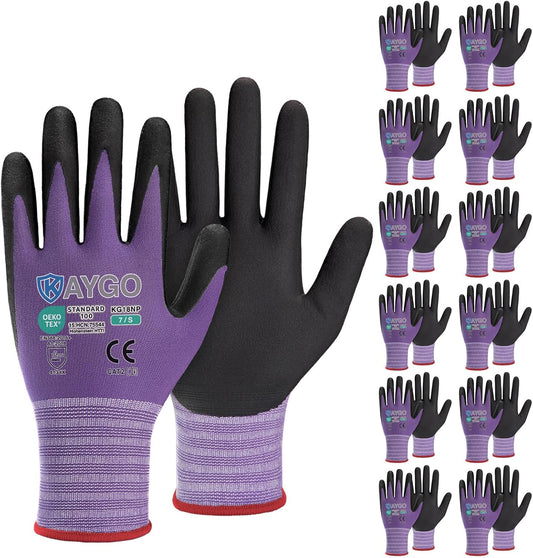 KAYGO Safety Work Gloves MicroFoam Nitrile Coated, 12 Pairs KG18NB,Seamless Knit Nylon Glove for Men and Women, Ideal for Automotive,Warehouse,Construction (S, Purple)