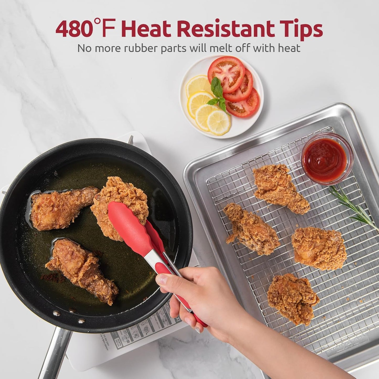 Heat Resistant Silicone Kitchen Tong: U-Taste 9 inch 480ºF Hot Proof Cooking Tong with Firm Sealed Non Stick Rubber Tips & Silicon Coated Steel Handle & Smooth Locking for Serving Grill Salad (Red)