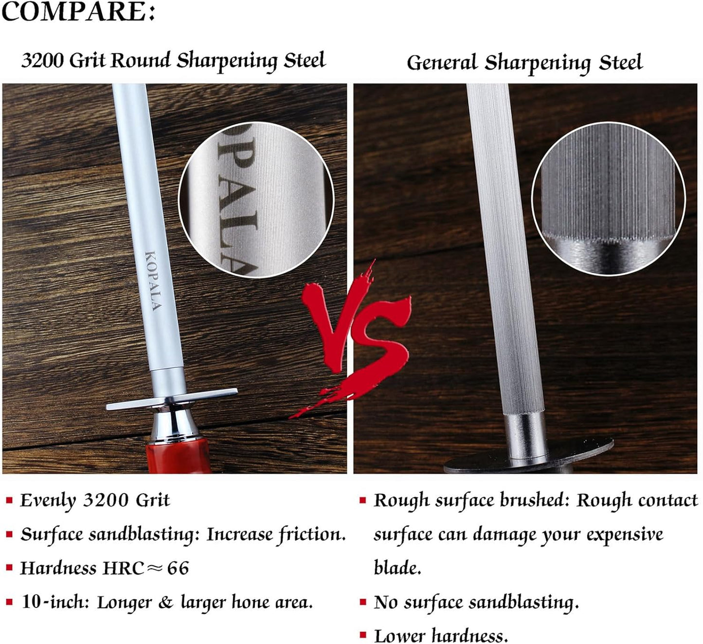 Sharpening Steel Knife Sharpener Rod Round 10 Inches Honing Steel for Knives Red