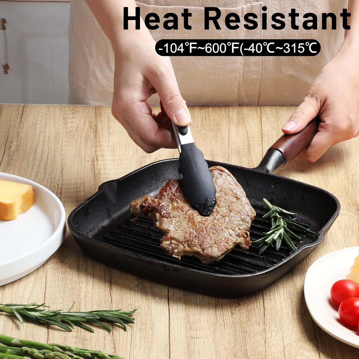 Hotec Mini Silicone Kitchen Tongs for Cooking - 7-Inch Small Serving Tongs with Silicone Tips, Set of 3 (Black,Grey,Khaki)