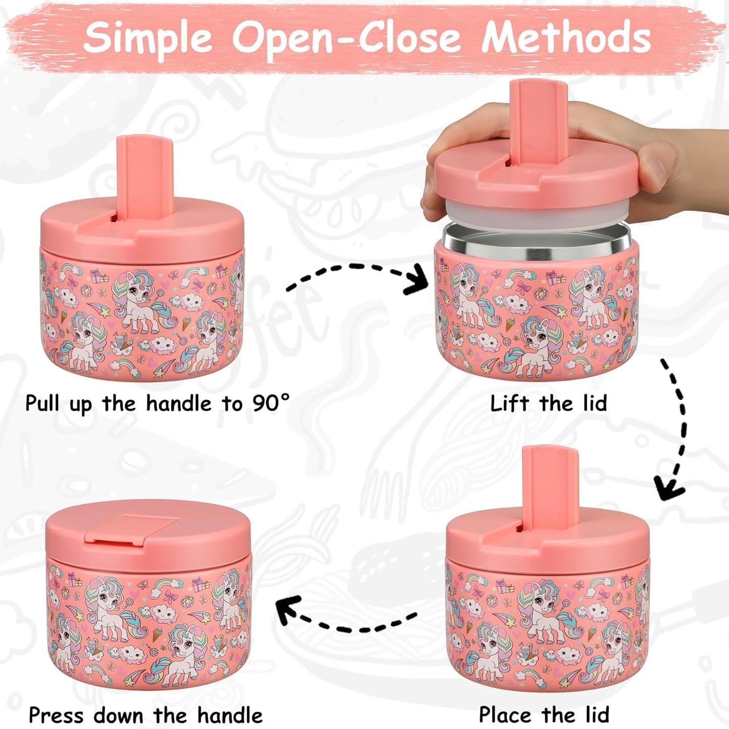 12oz Insulated Vacuum Food Jar with Buckle Lid Wide Mouth Soup Thermo for Hot Food Kids Leakproof Stainless Steel Lunch Container (Pink-Horse)