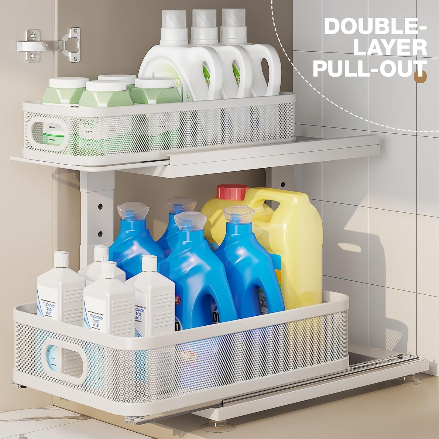 2 Pack Under Sink Organizer With Next-Gen Ball-Bearing Slides,2-Tier Precision Mesh Pull Out Cabinet Drawers Storage for Bathroom&Kitchen,Height Adjustable Shelf,Rust-resistant-Patent Pending