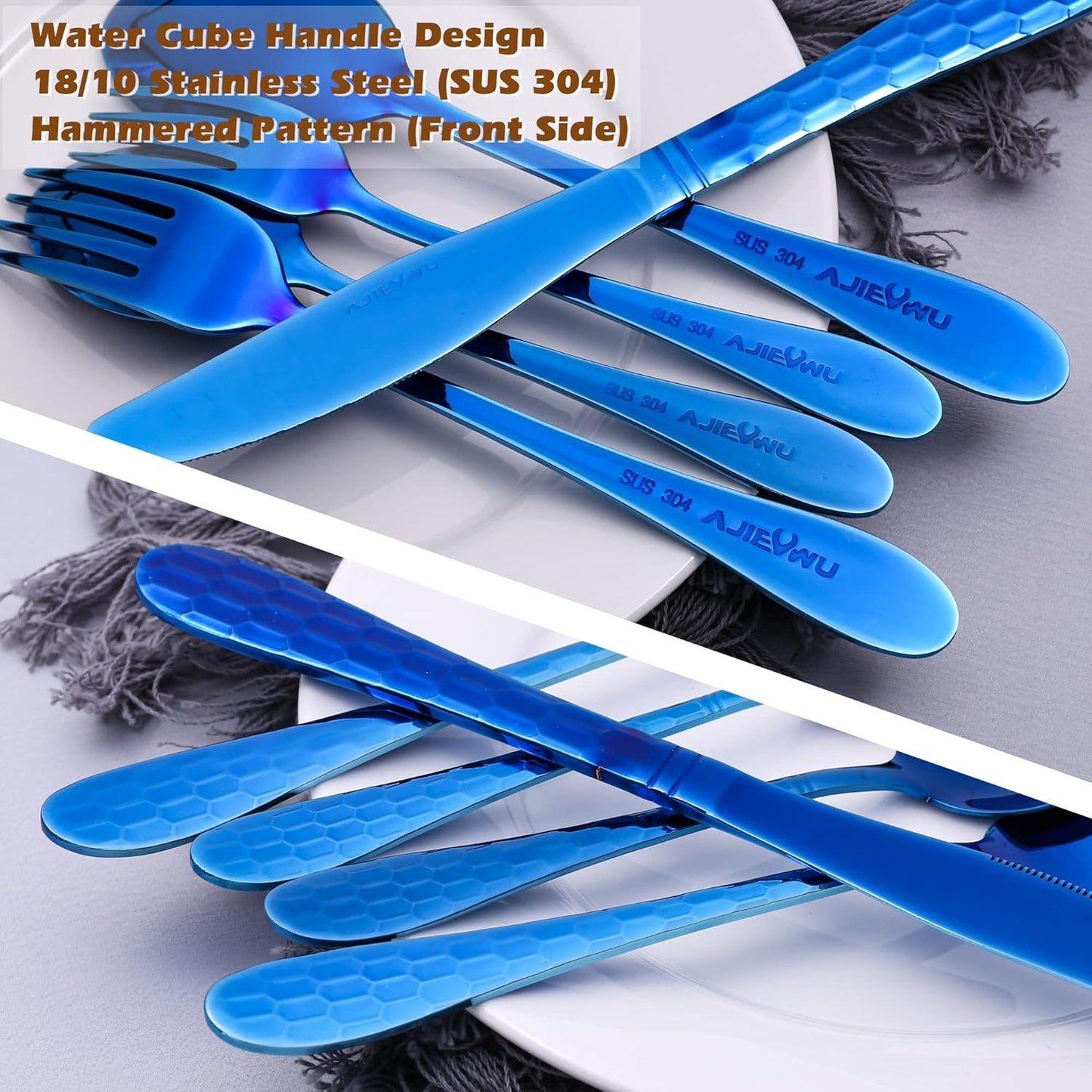 Hammered 20-Piece Silverware Set for 4, 18/10 Stainless Steel Flatware Silverware Set, Unique Design Knife Fork Spoon Set for Home Kitchen Restaurant Wedding, Smooth Edge, Dishwasher Safe (Blue)