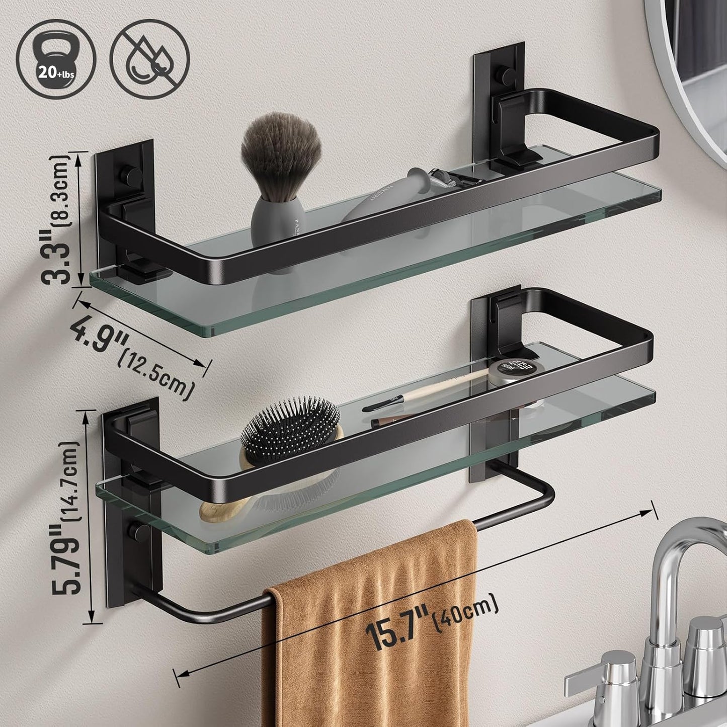 Danpoo Bathroom Shelves Wall Mounted, Clear Tempered Glass Shelf with Towel Bar, Hand Towel Holder(Matte Black)